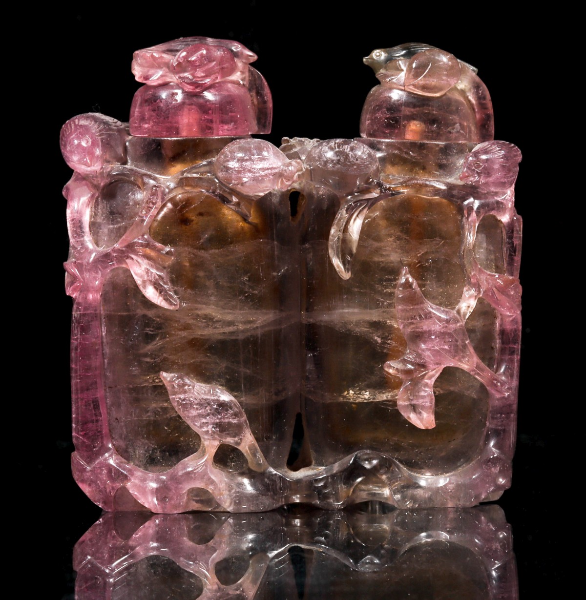 AN ANTIQUE CHINESE ROSE QUARTZ DOUBLE SNUFF BOTTLE