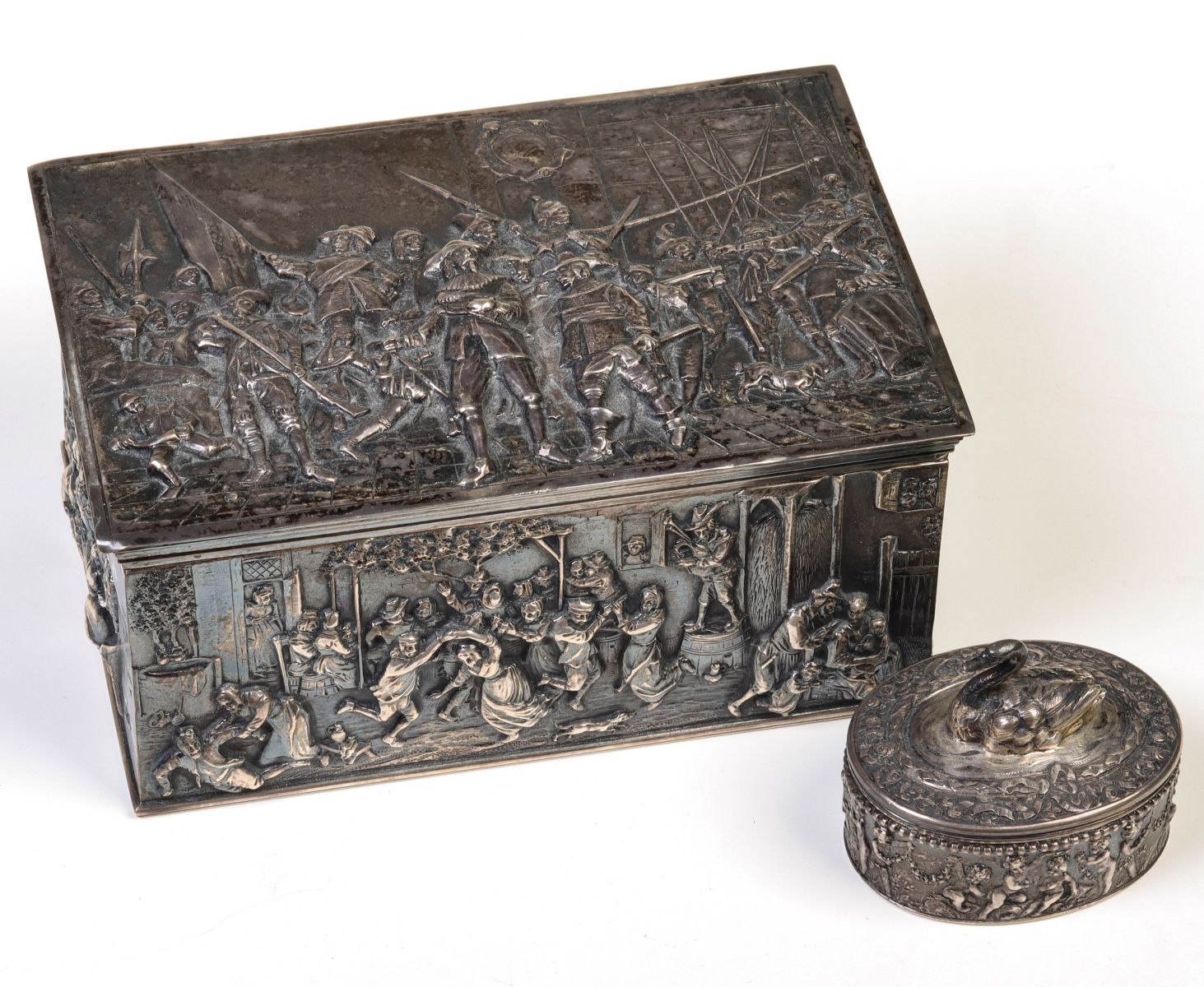 CONTINENTAL SILVER BOXES WITH FIGURES IN HIGH RELIEF