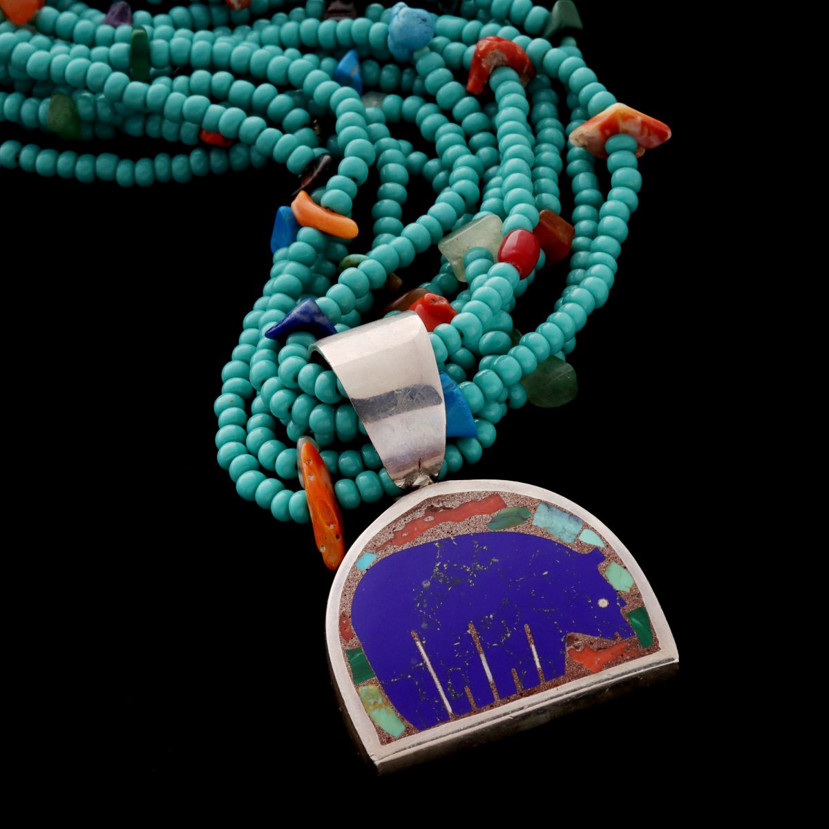 STERLING MOSAIC INLAID PENDANT & MULTI-STRAND TURQUOISE