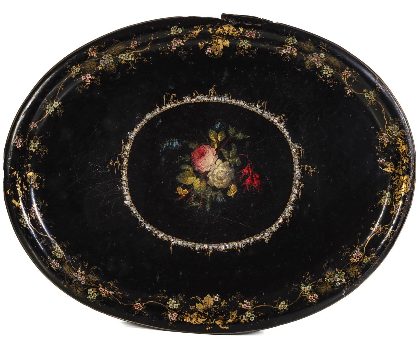 A 19TH CENTURY VICTORIAN PAPIER MACHE OVAL TRAY