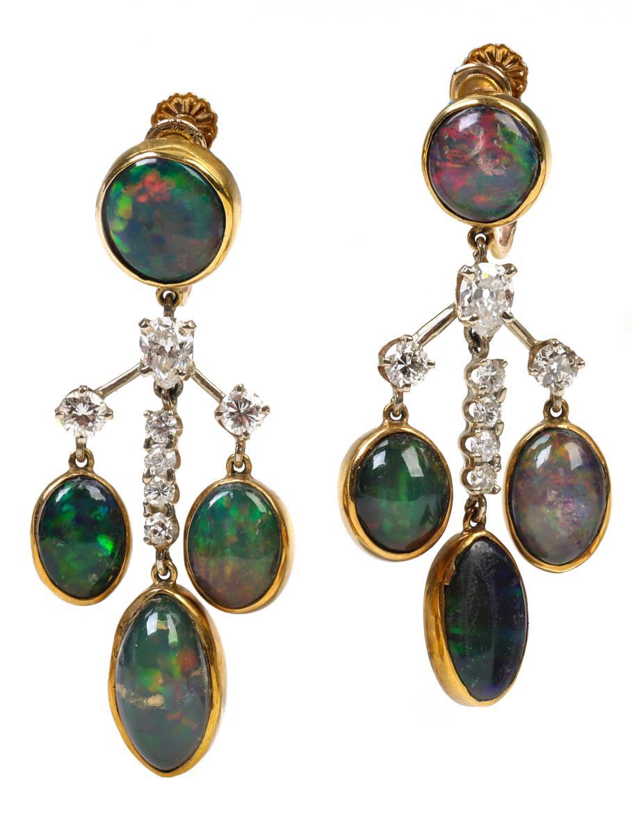 A PAIR 14K GOLD DIAMOND AND OPAL TRIPLET EARRINGS