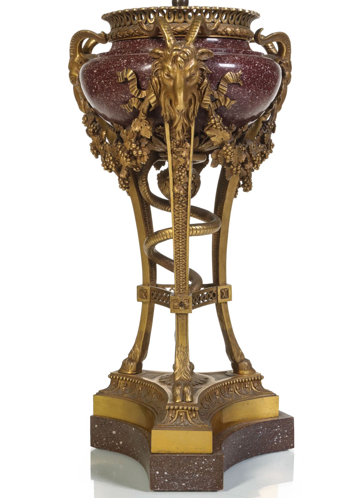 A FINE 12C. ORMOLU AND PORPHYRY NEOCLASSICAL URN LAMP