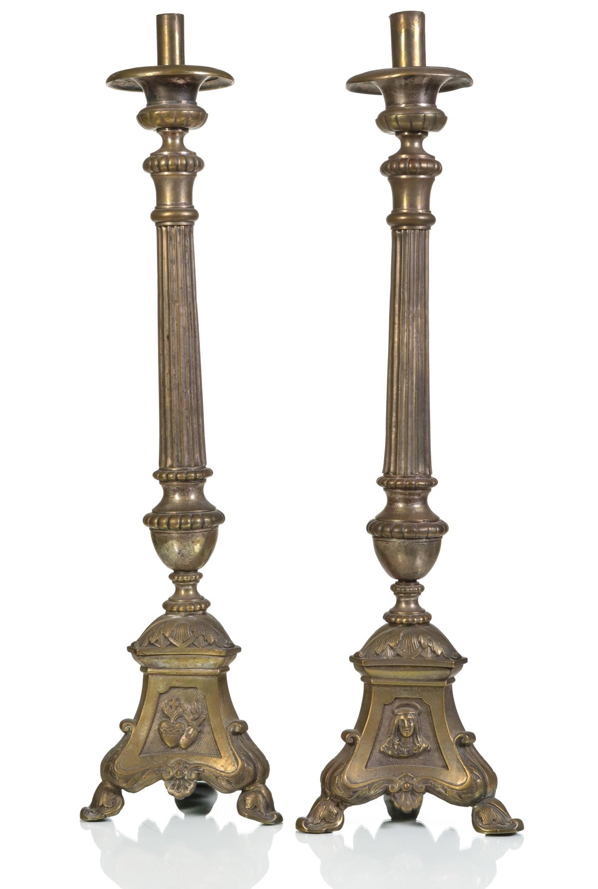 A PAIR 35-INCH SILVER PLATED BRONZE ALTAR STICKS