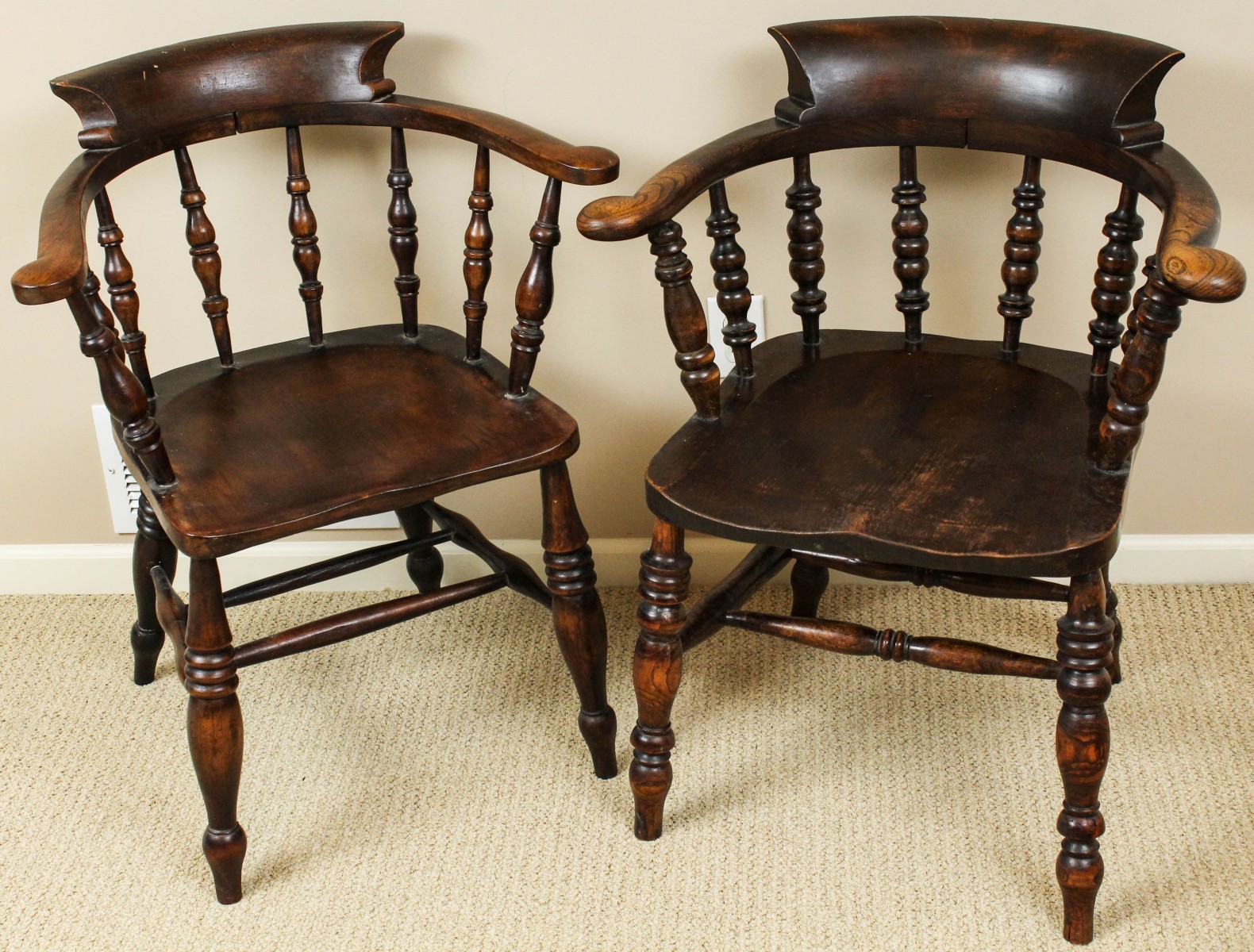 A PAIR 19TH C. ENGLISH ELM WOOD BOW BACK ARM CHAIRS