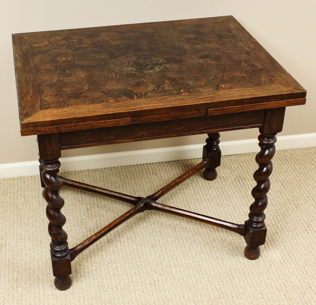 A 19TH C. ENGLISH OAK PARQUET TOP TABLE W/DRAW LEAVES