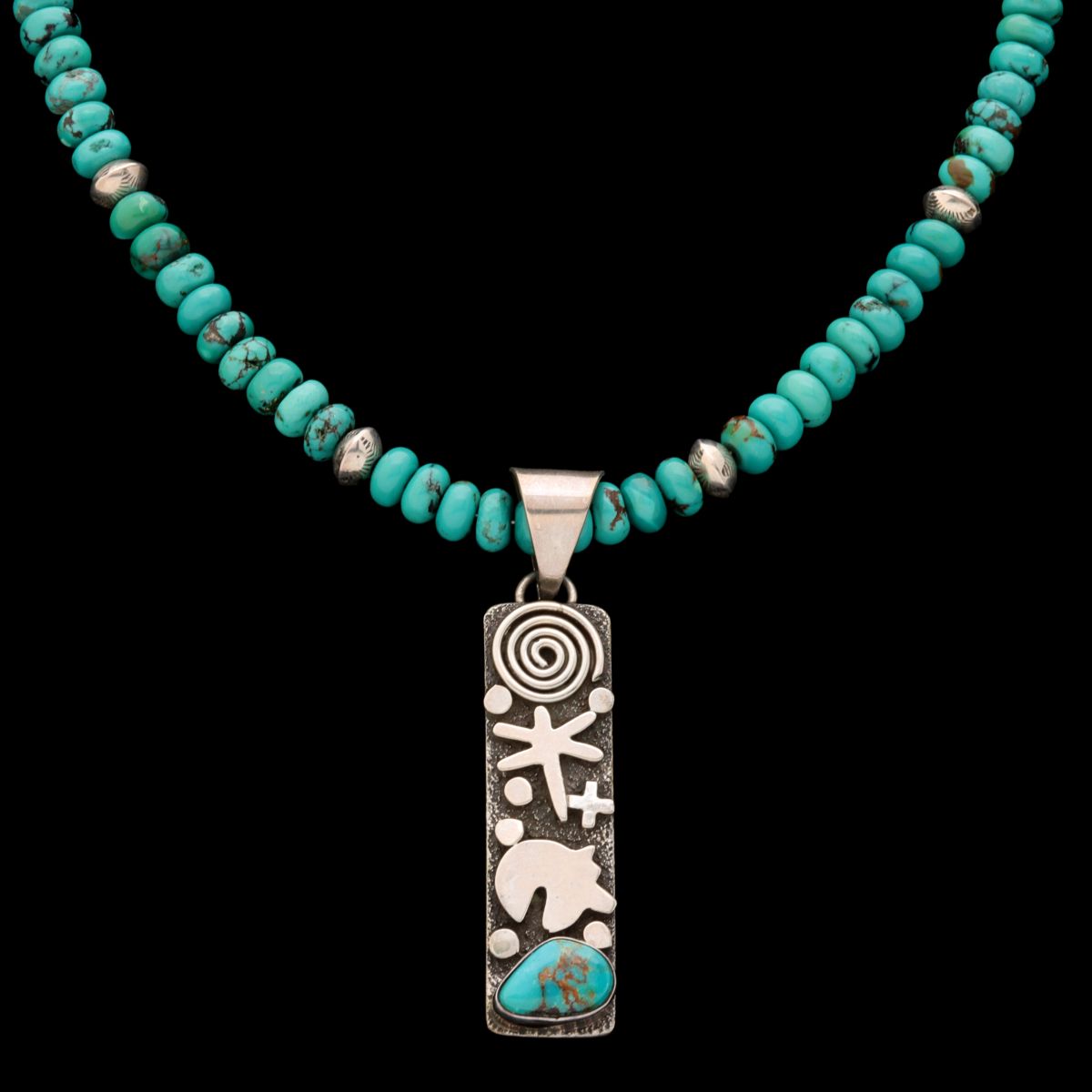 A TURQUOISE BEAD NECKLACE WITH ALEX SANCHEZ PENDANT