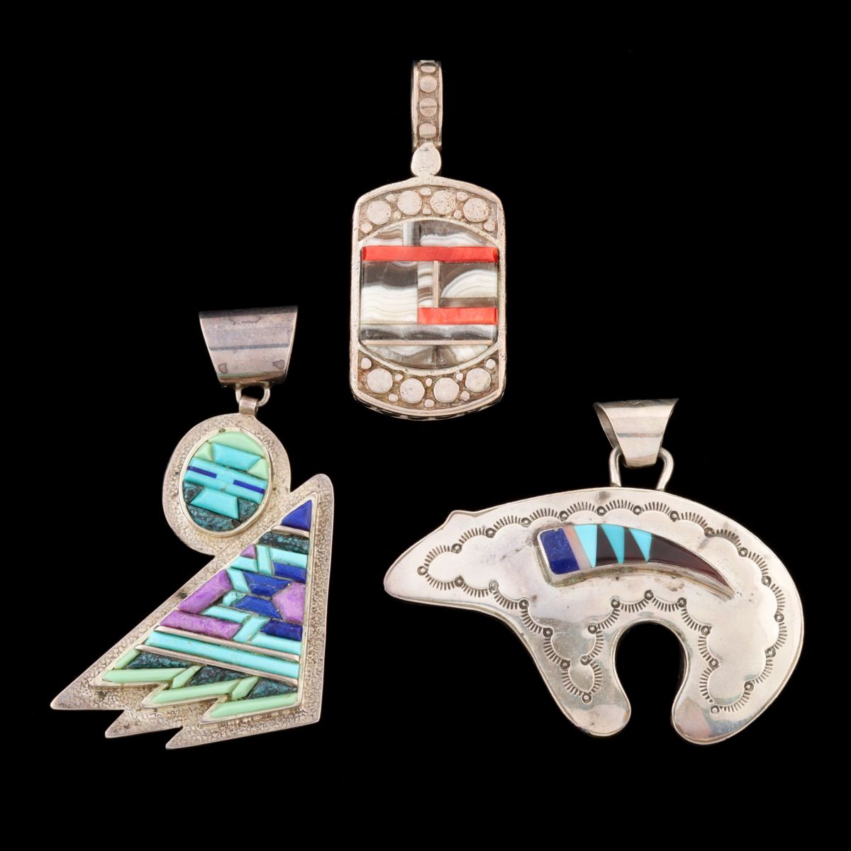 INLAID NAVAJO CONTEMPORARY DESIGN STERLING PENDANTS