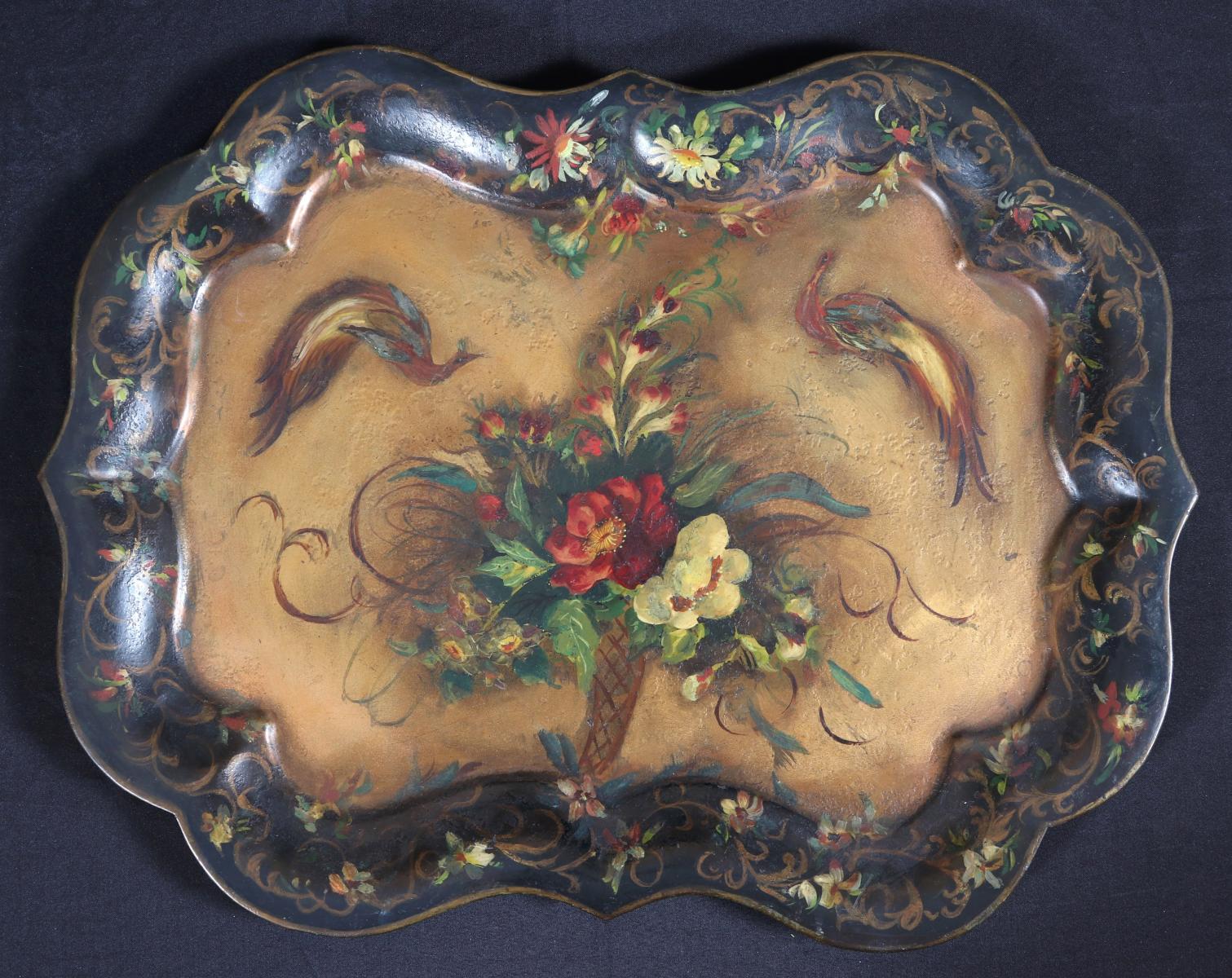 A NICE ANTIQUE TOLE TRAY WITH LONG-TAILED BIRDS