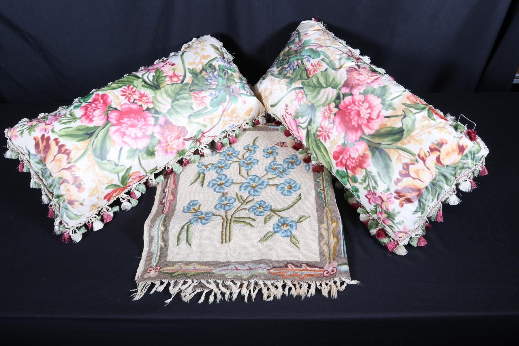 TWO NICE CHINTZ PILLOWS AND A LARGE NEEDLEPOINT THROW