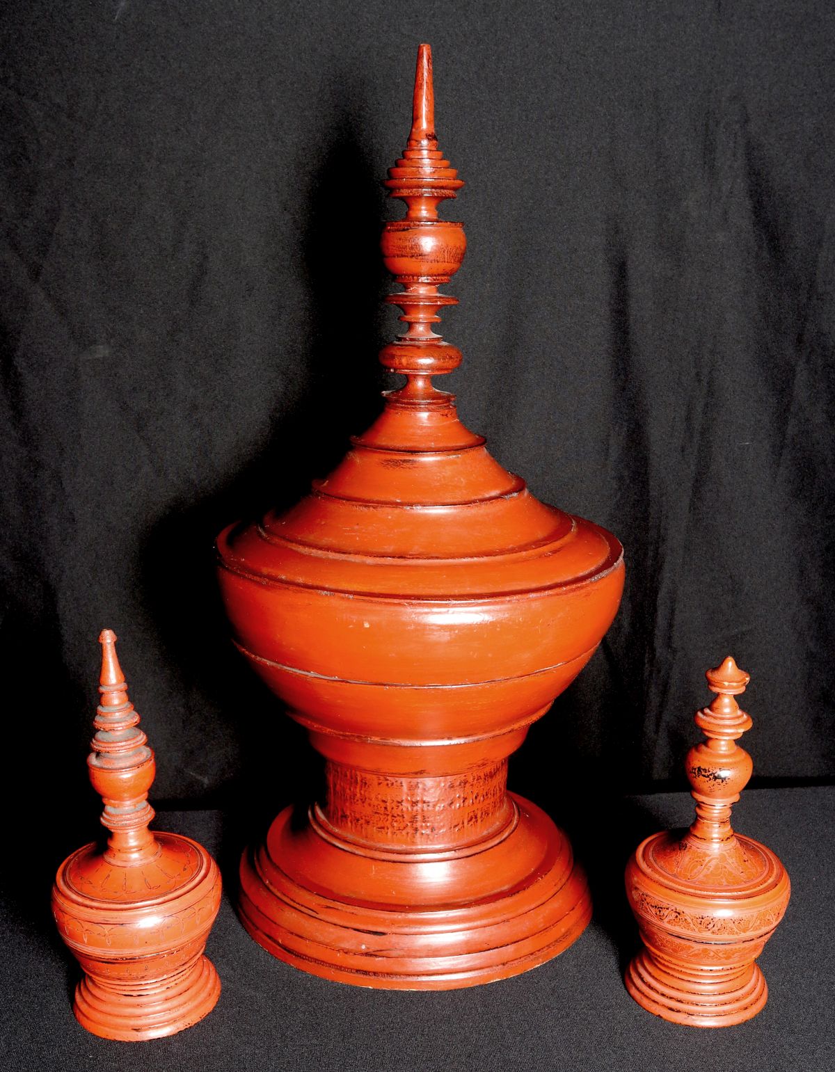 RED LACQUER ON WOOD BURMESE OFFERING VESSELS