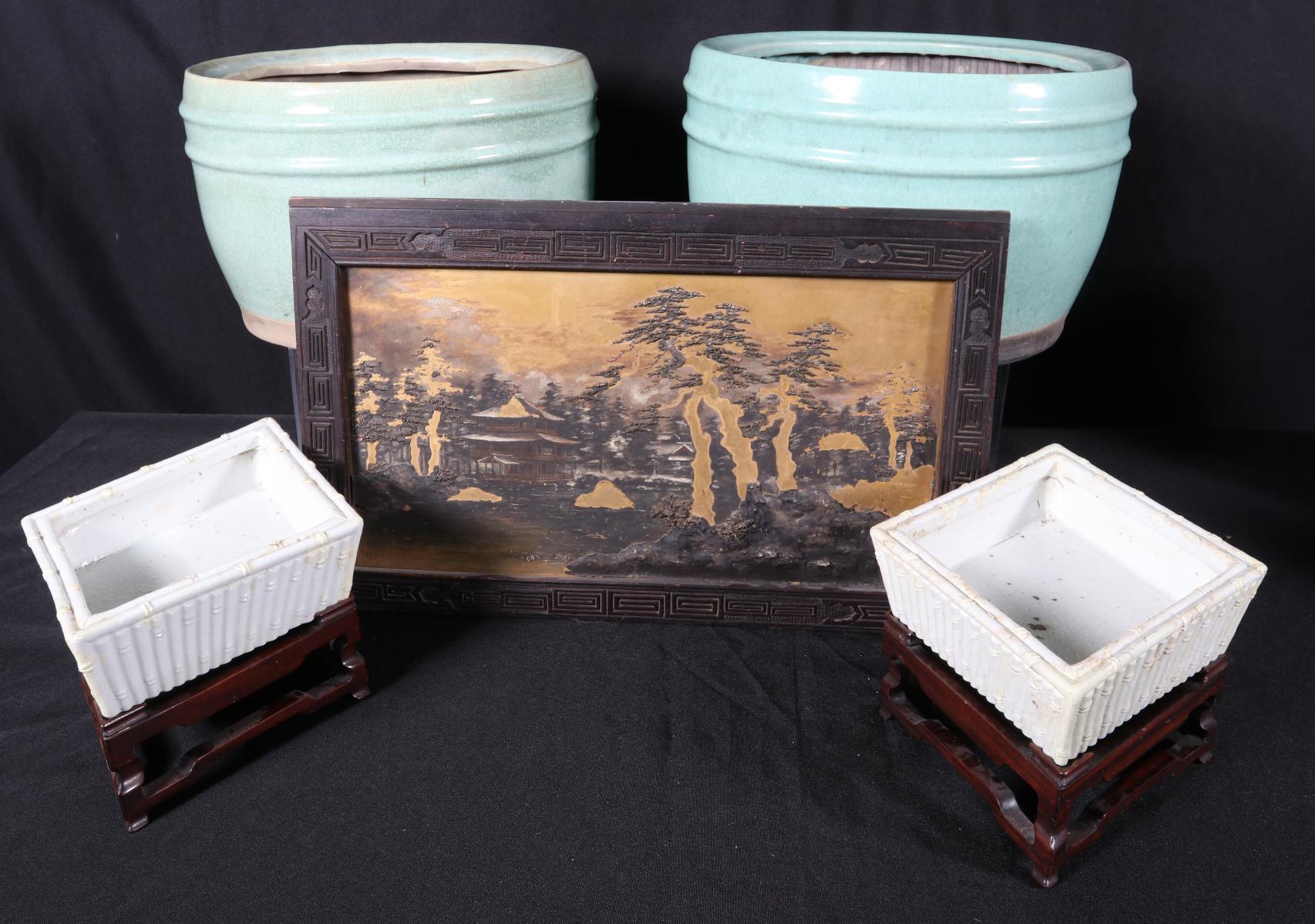ASIAN PORCELAIN PLANTERS AND WOOD PLAQUE
