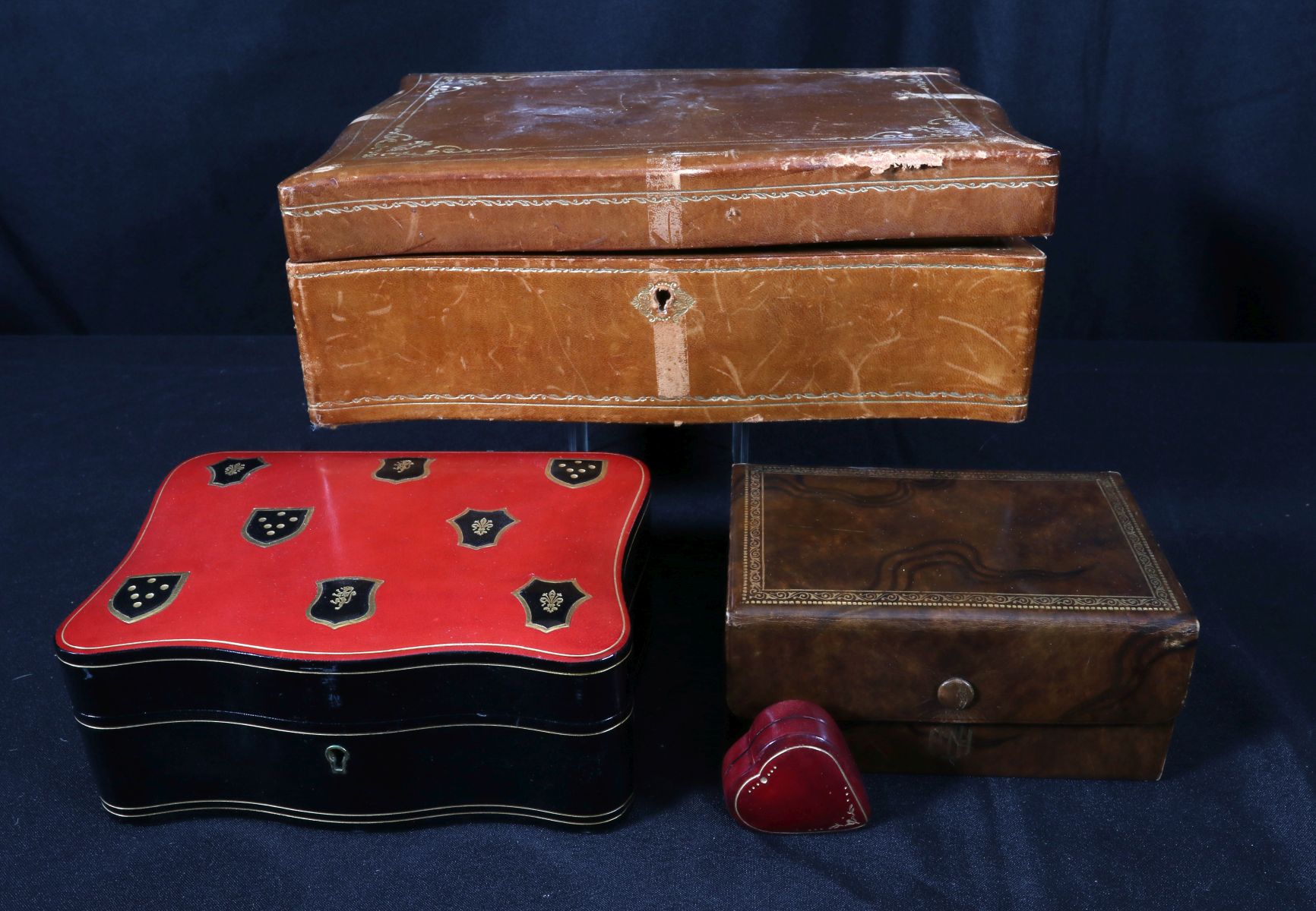 TWO ITALIAN LEATHER BOXES AND JEWELRY BOX WITH JEWELRY