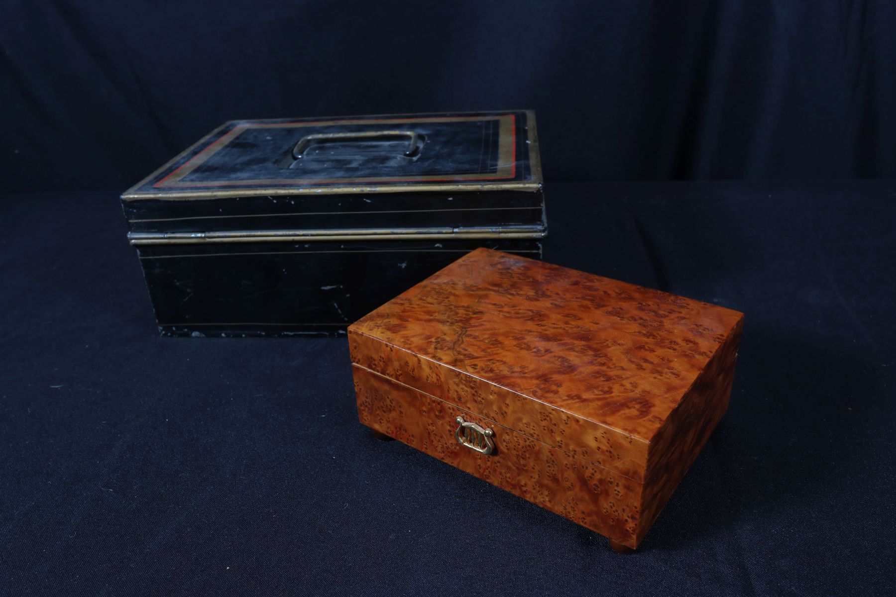 A REUGE MUSIC BOX AND ANTIQUE TOLE DOCUMENT BOX