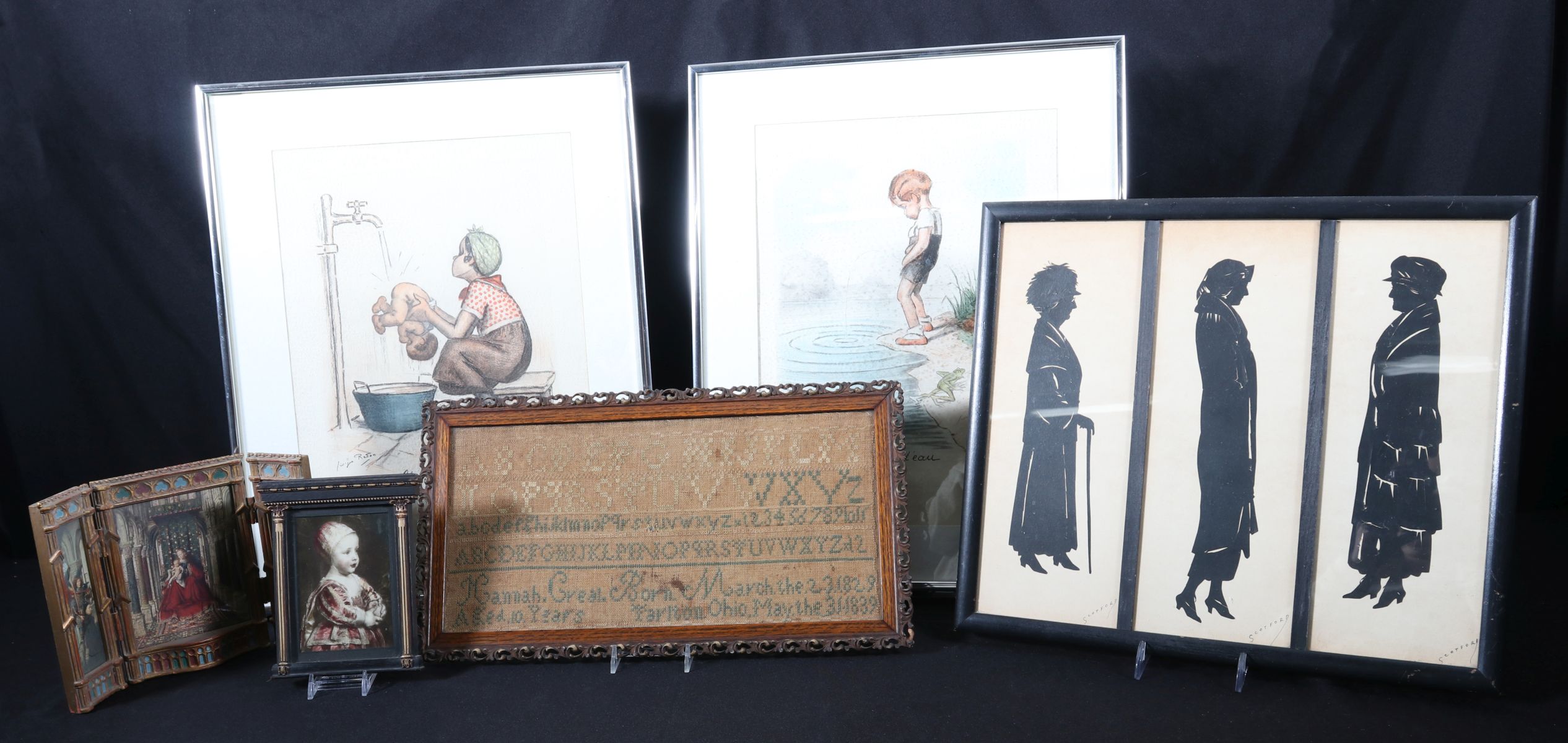 AN 1839 CROSS STITCH SAMPLER AND ANTIQUE PRINTS