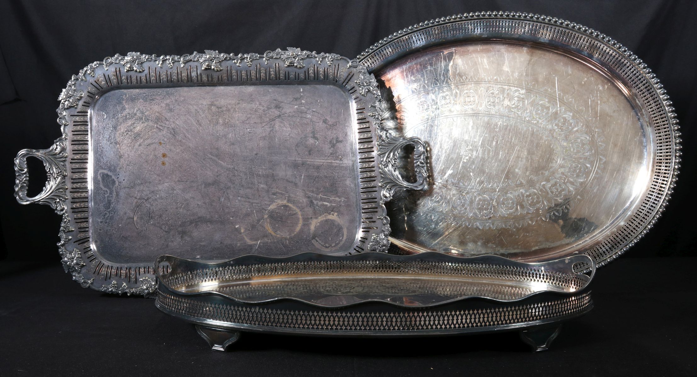 LARGE ORNATE SILVERPLATE ANTIQUE AND GALLERY TRAYS