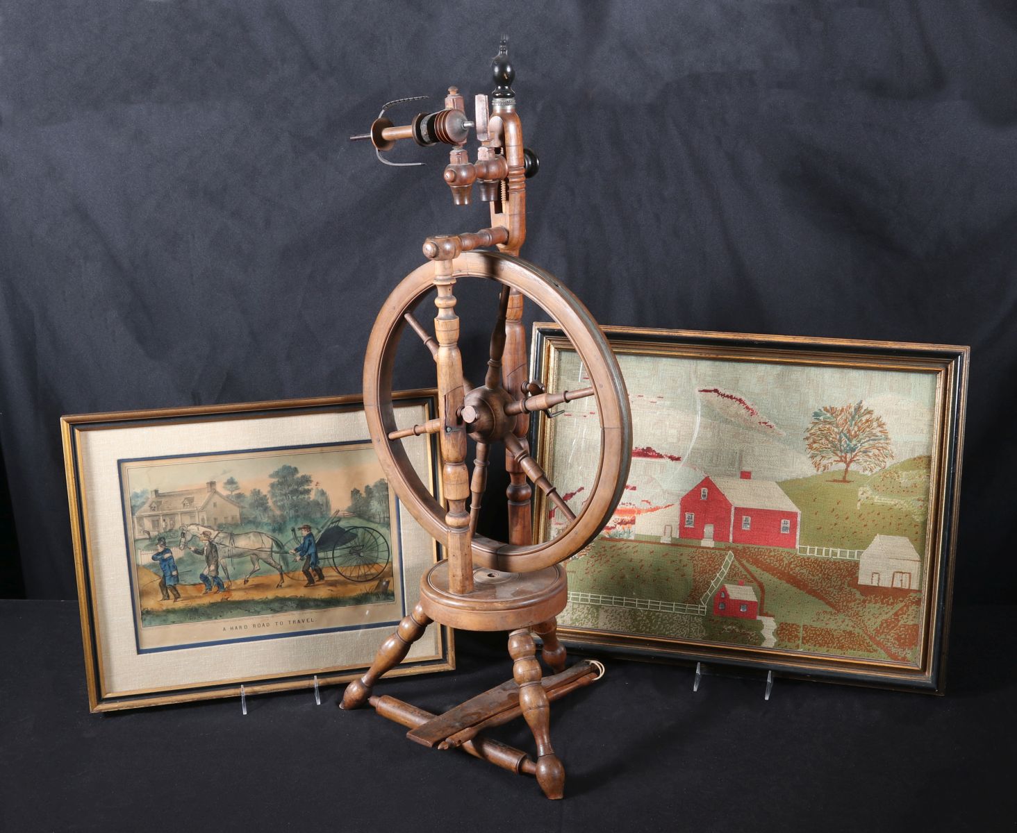 19TH CENTURY SPINNING WHEEL, CURRIER & IVES, NEEDLEWORK
