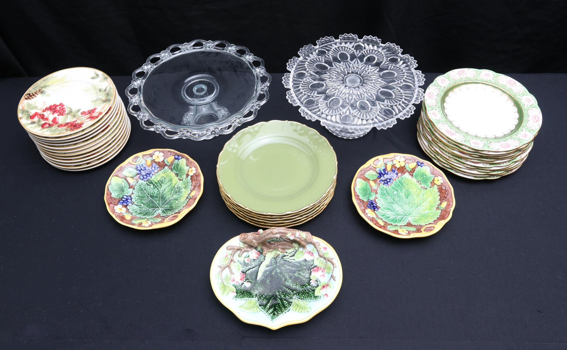 CHINA, MODERN MAJOLICA, PRESSED GLASS CAKE STANDS