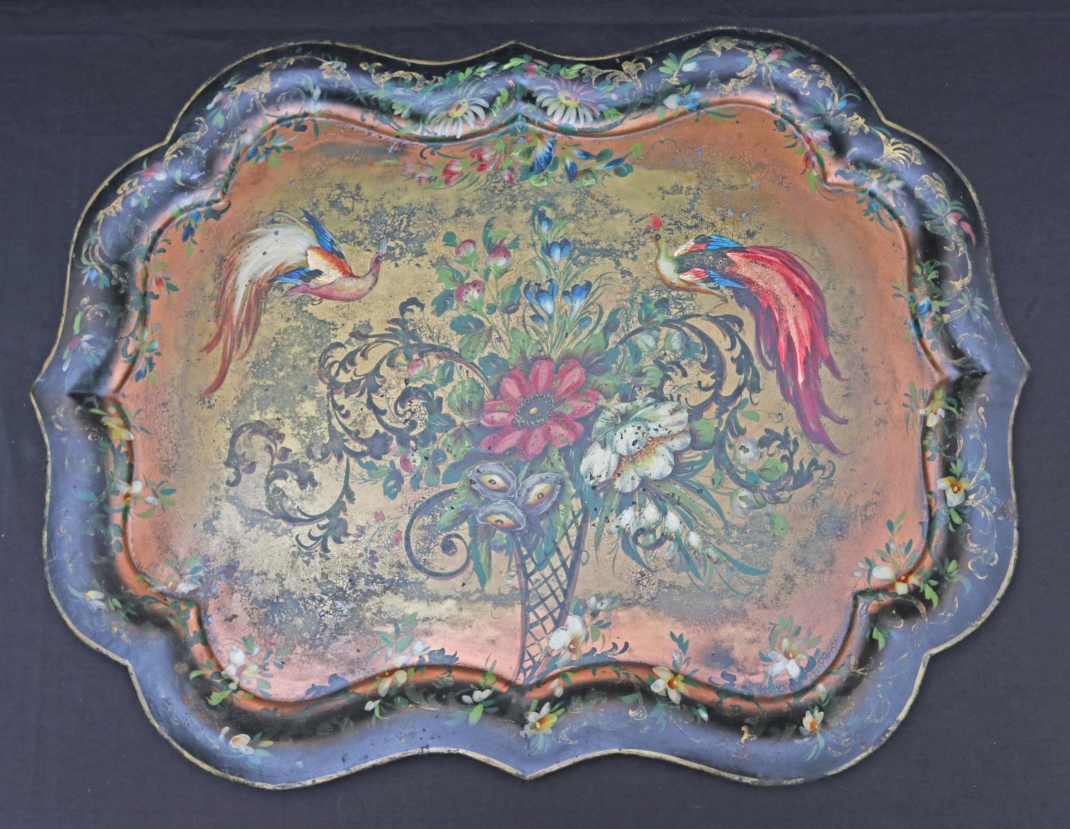 A LARGE ANTIQUE TOLE TRAY WITH LONG-TAILED PHEASANTS