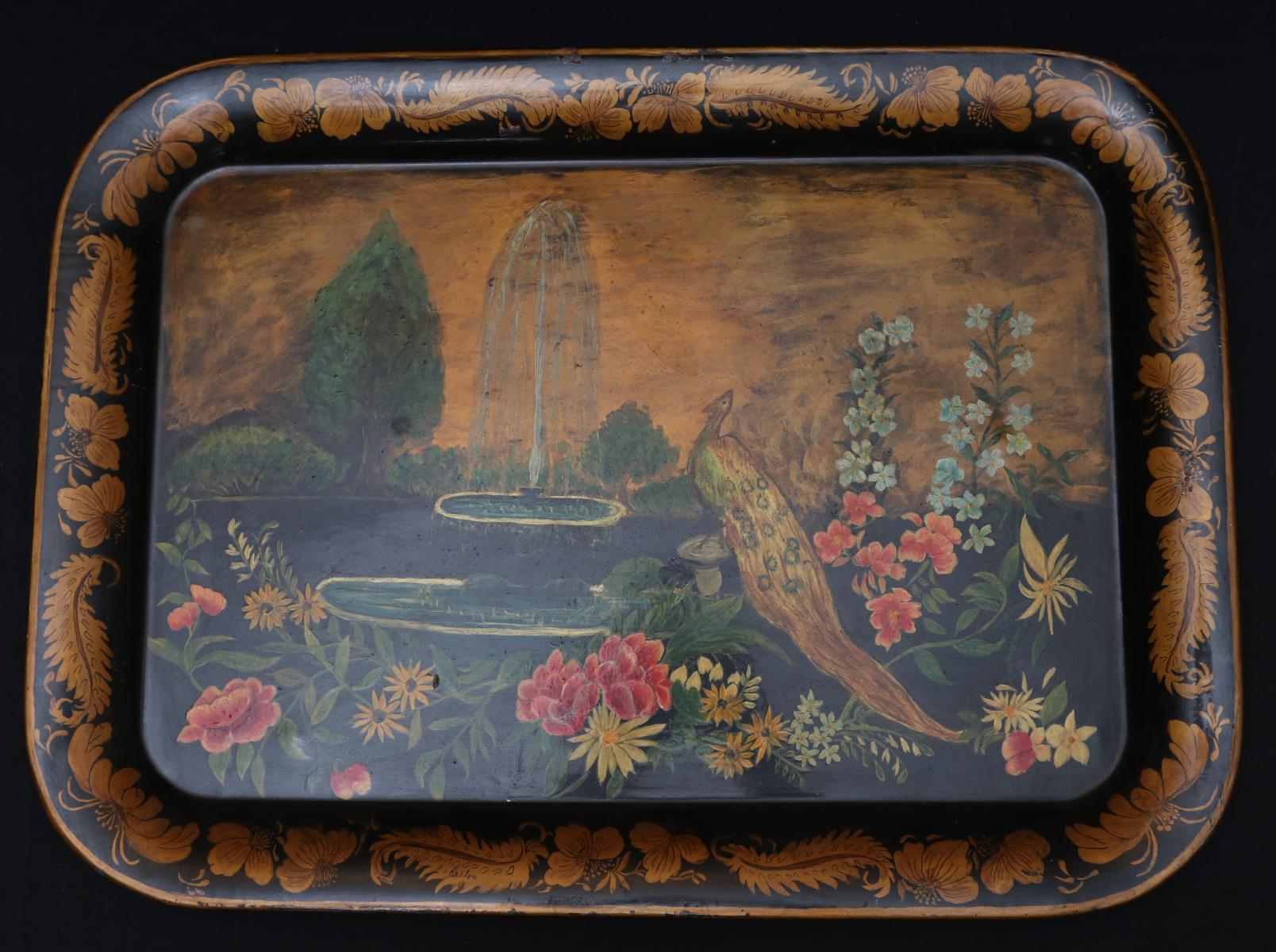 LARGE ANTIQUE TOLE TRAY WITH PHEASANT AND FOUNTAIN