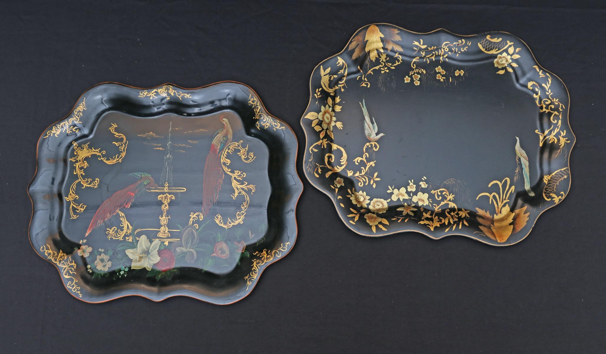 TWO GOOD, SHAPED VINTAGE TOLE TRAYS WITH BIRDS