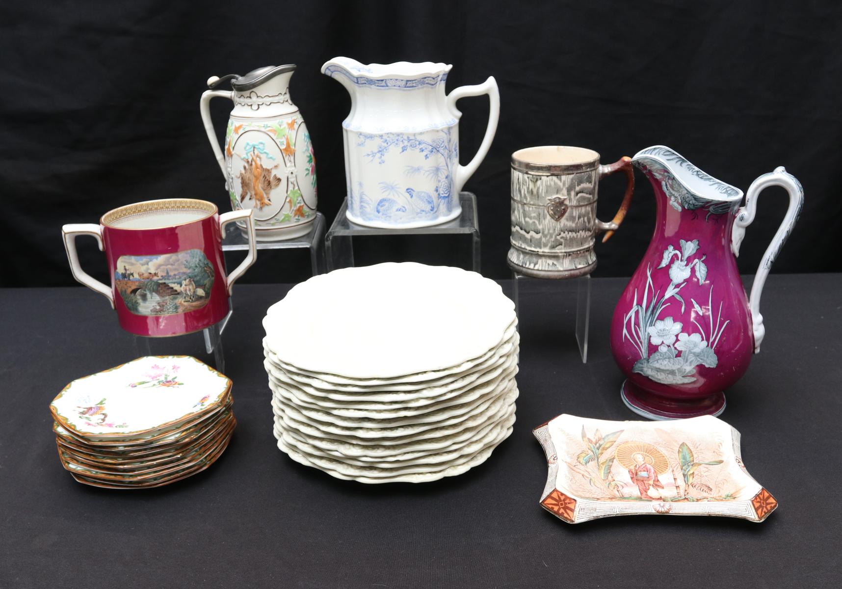 ANTIQUE PRATT WARE JUG, MUG AND TRAY WITH MORE