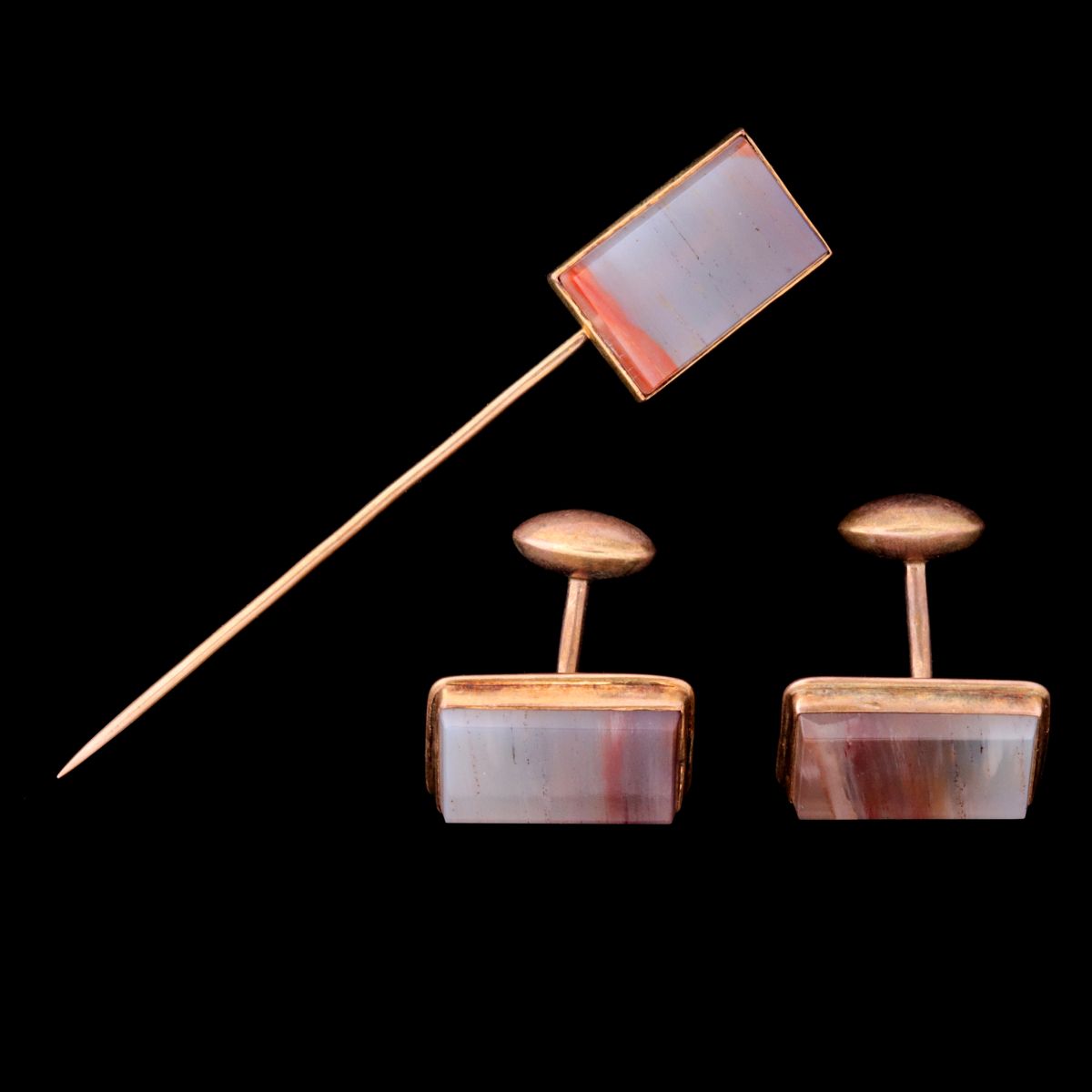 ANTIQUE 14K GENT'S STICK PIN AND CUFFLINKS WITH AGATE