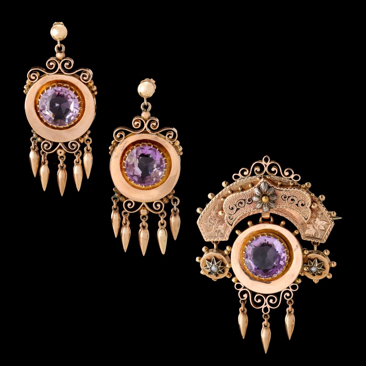 VICTORIAN RENAISSANCE REVIVAL BROOCH & EARRINGS IN 14K