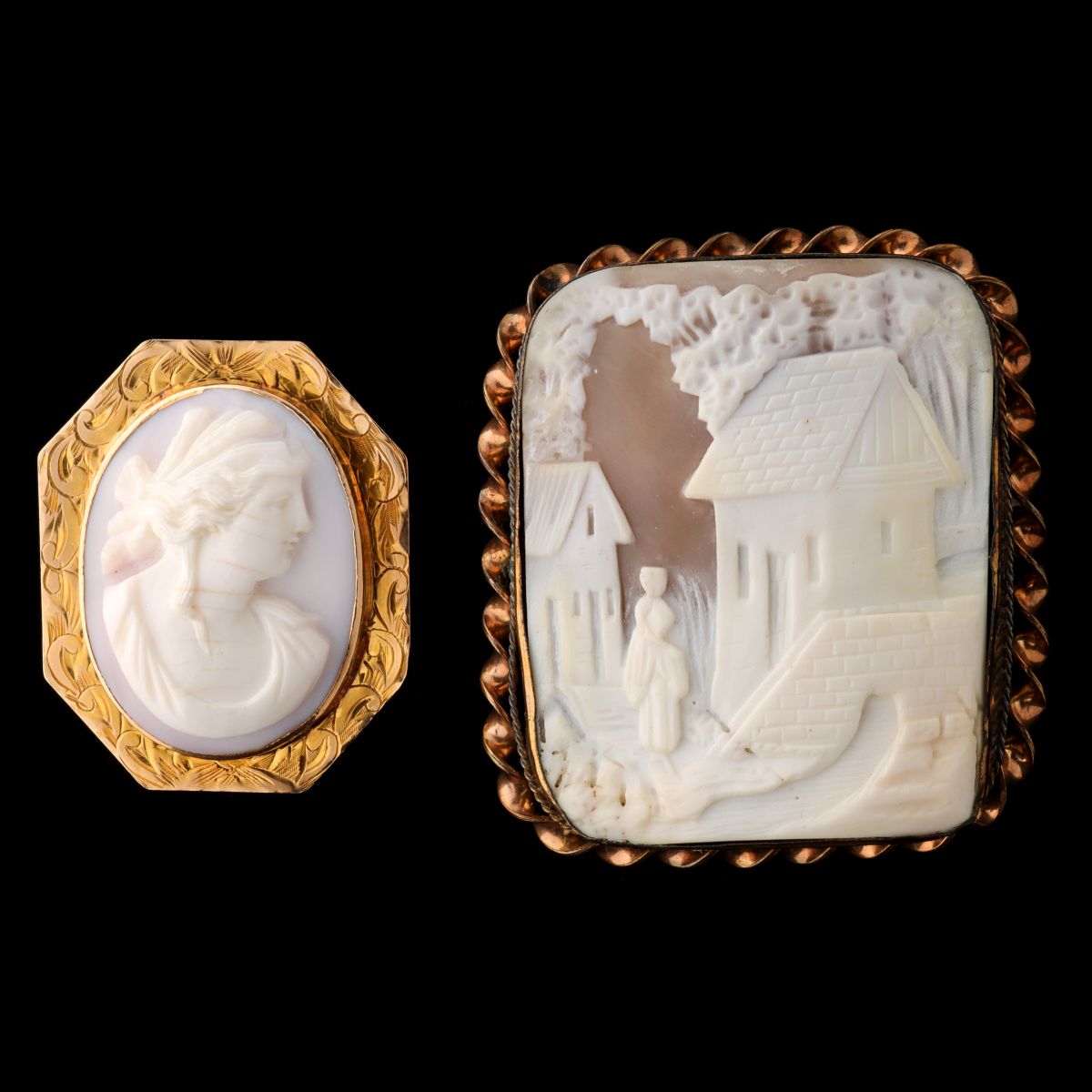 TWO 19TH CENTURY CARVED SHELL CAMEO BROOCHES INCL 10K