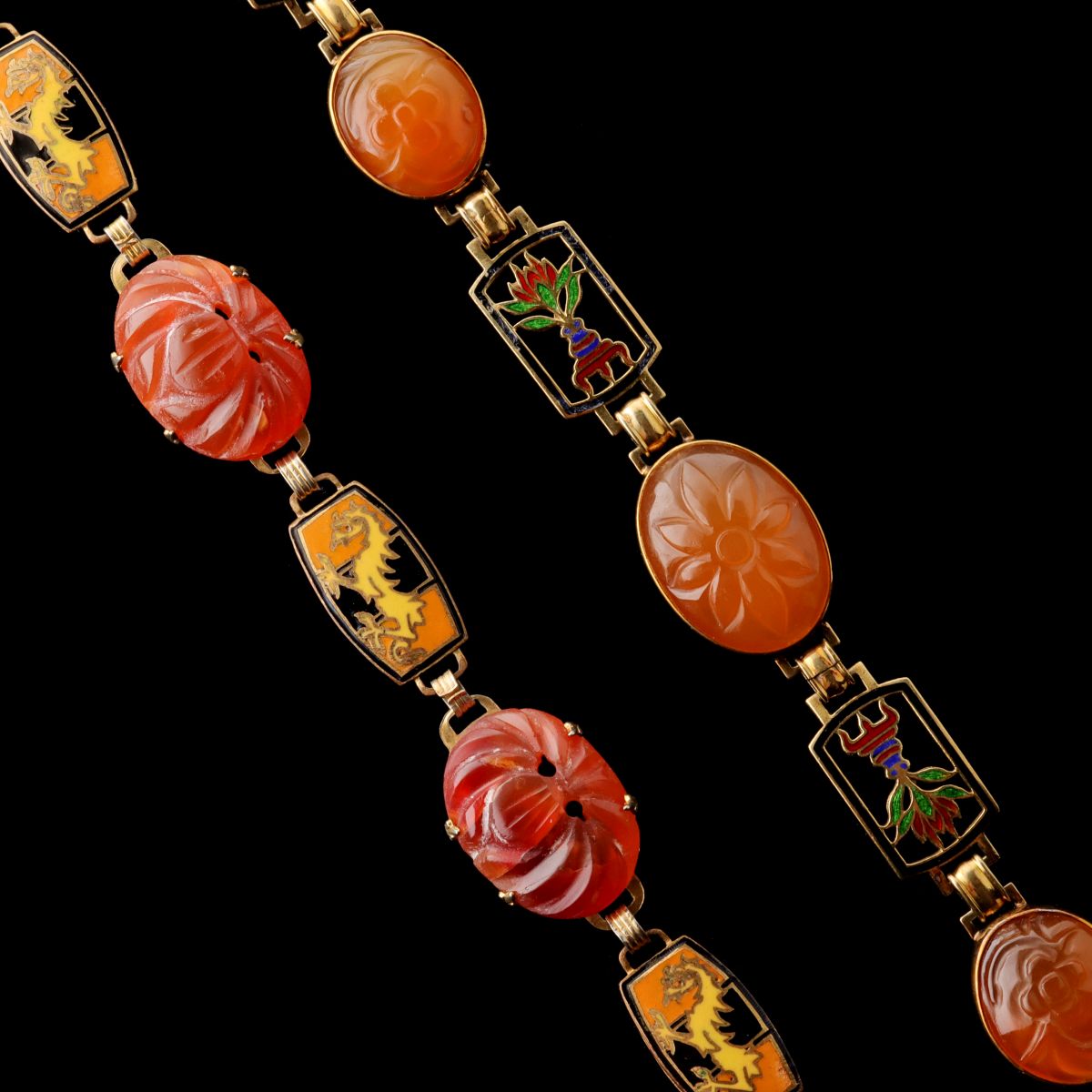 NECKLACE AND BRACELET WITH CARVED CABOCHONS AND ENAMEL