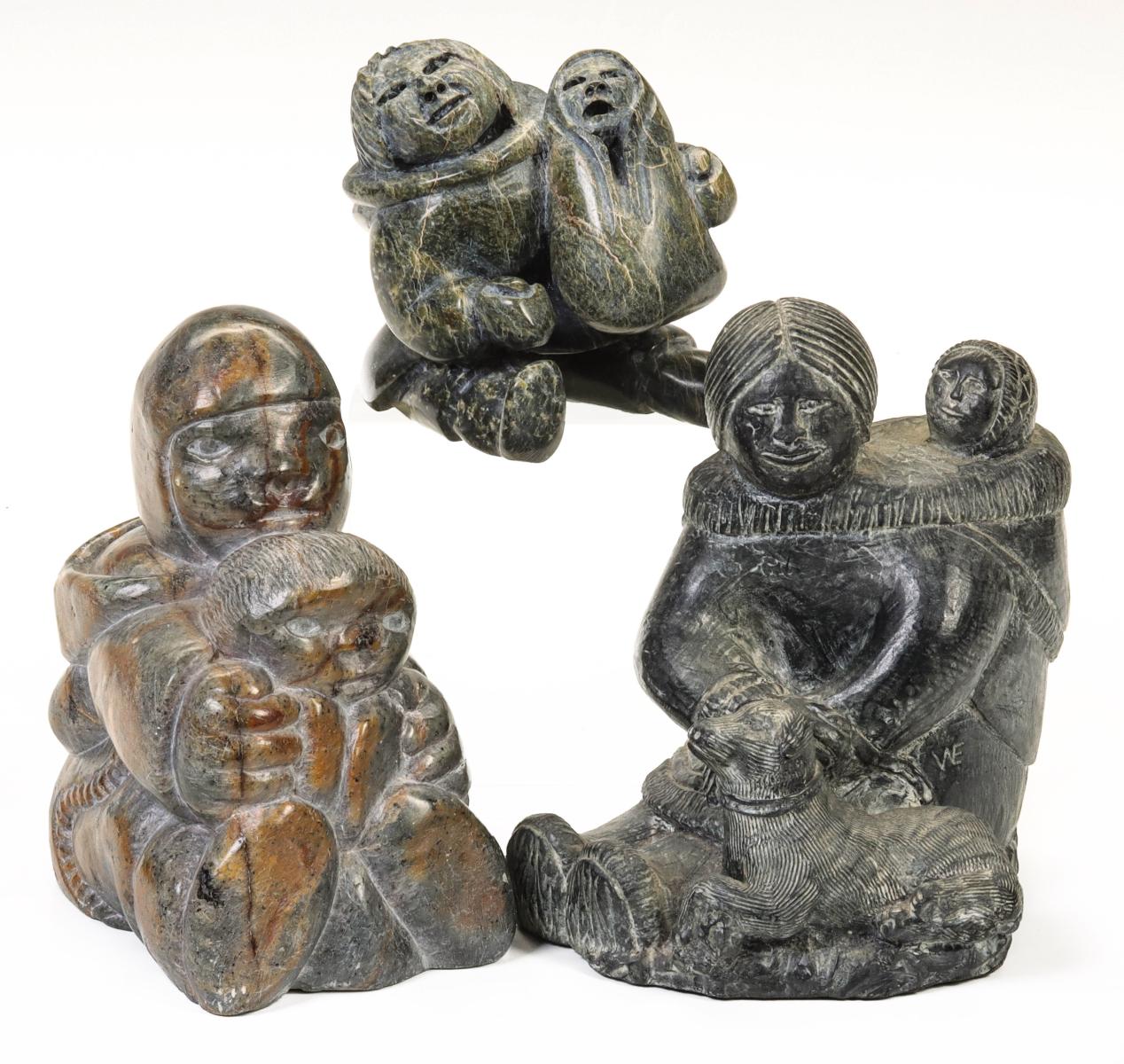 THREE INUIT CARVED STEATITE NATIVE ART SCULPTURES