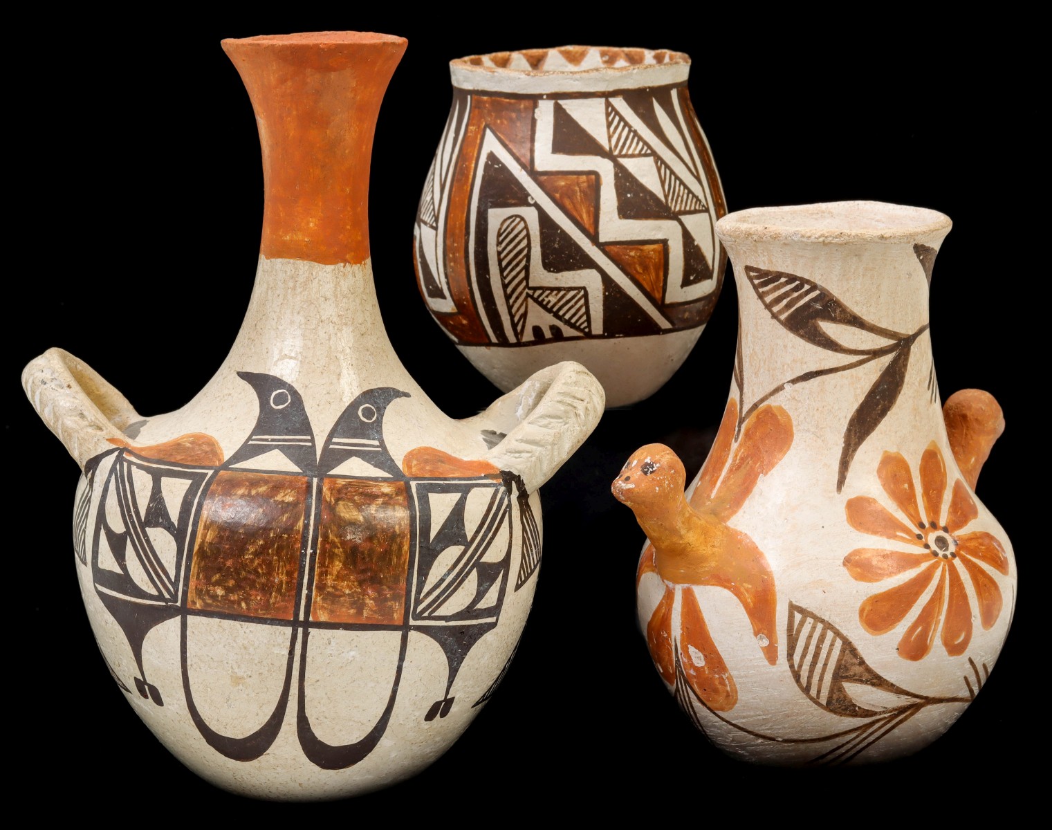 ACOMA PUEBLO POTTERY VASES WITH BIRD FIGURES