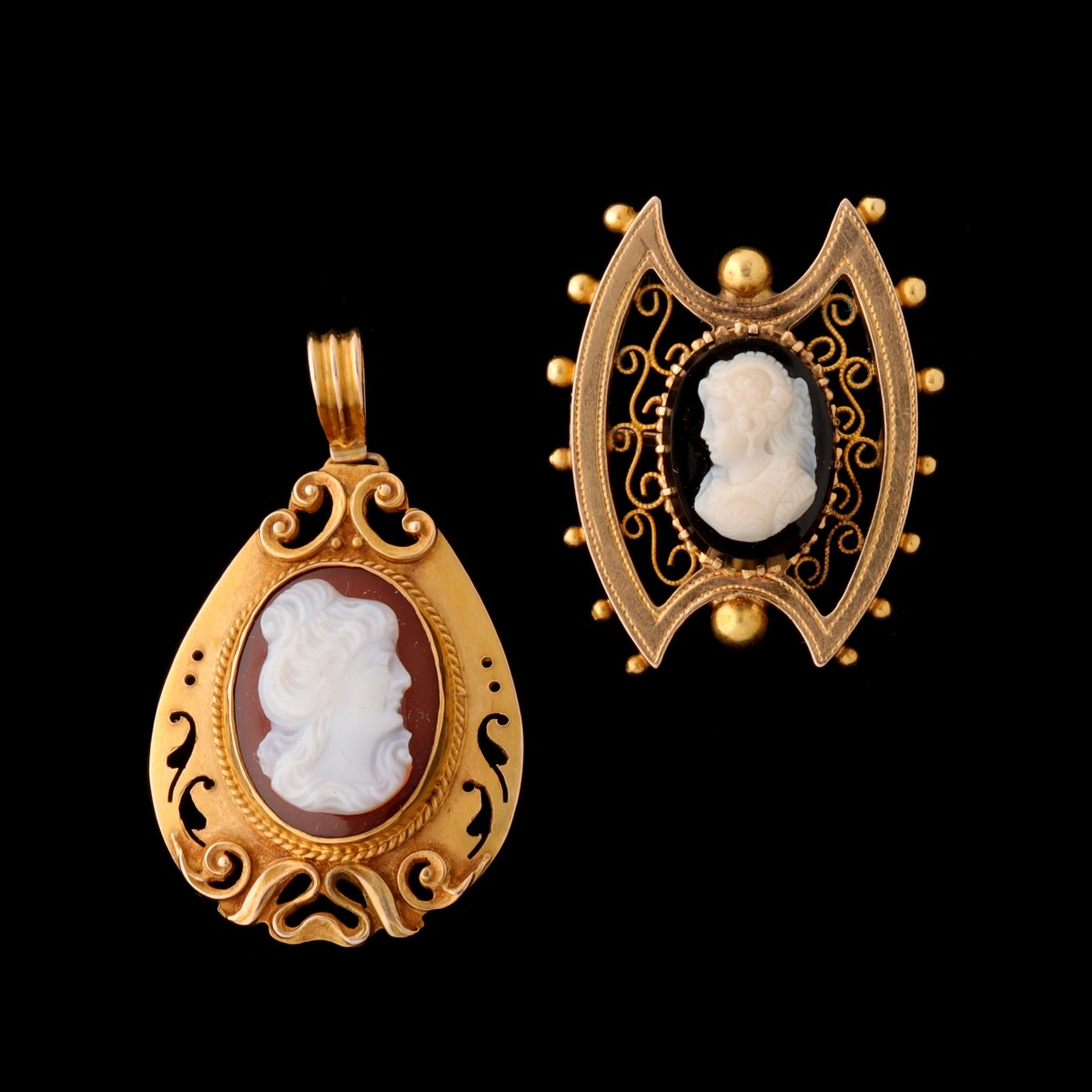 TWO EXAMPLES OF 19C. VICTORIAN HARDSTONE CAMEO JEWELRY