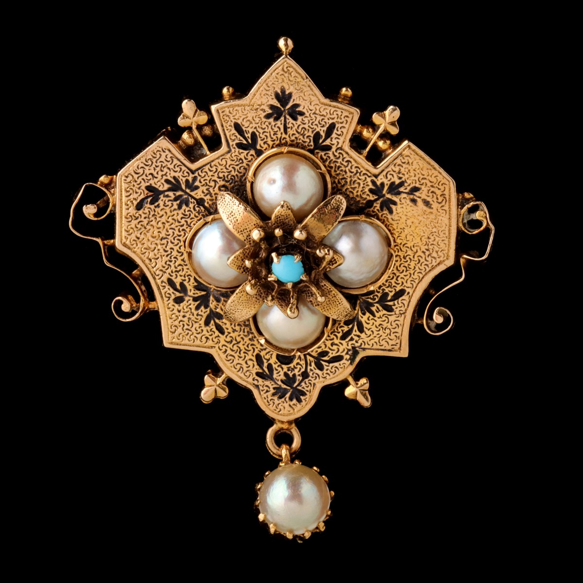 A VICTORIAN SHIELD FORM BROOCH WITH MABE' PEARLS