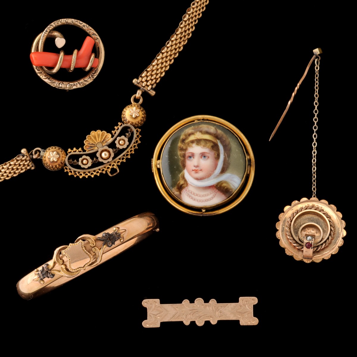 CLASSIC VICTORIAN BROOCHES, PINS, BRACELET AND NECKLACE