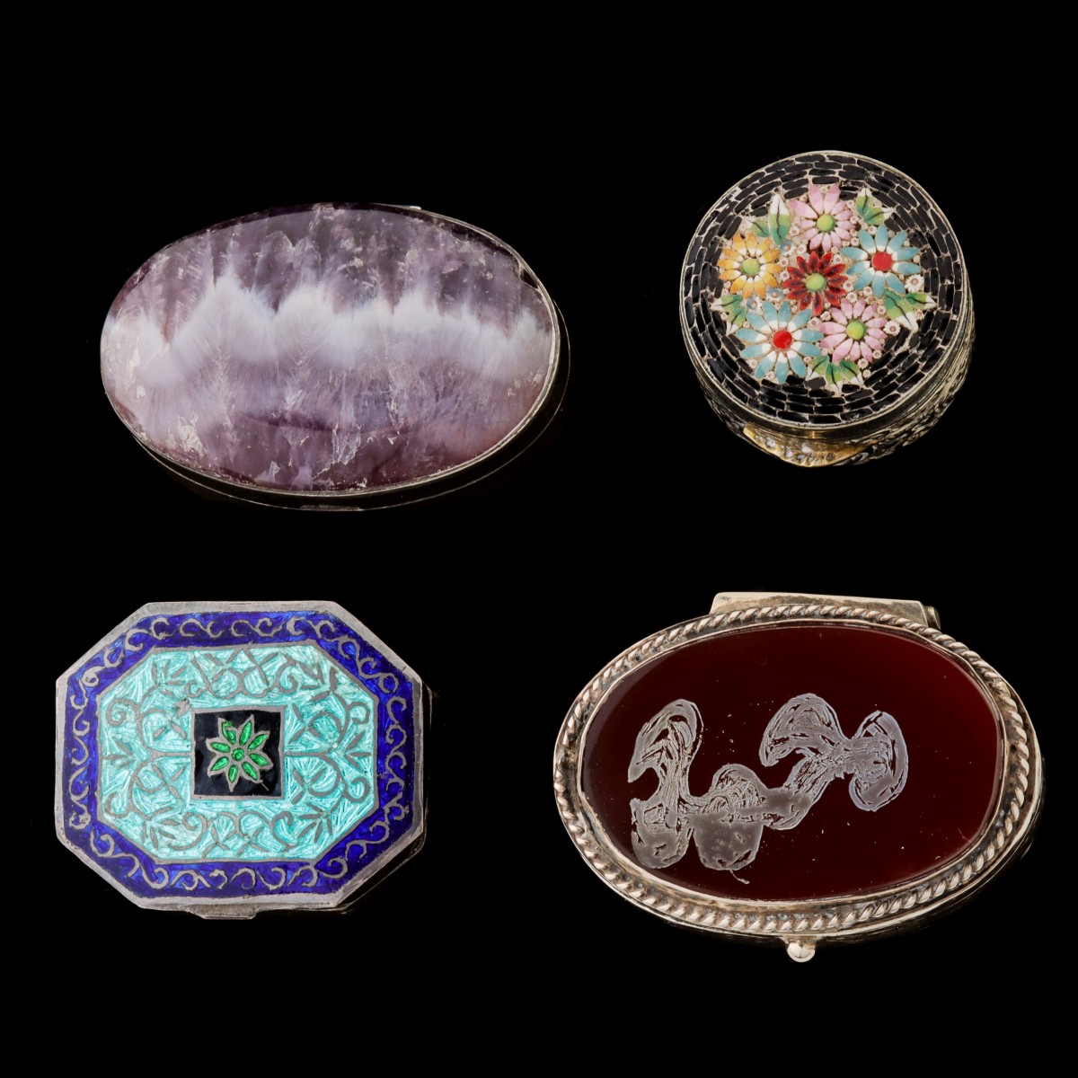 MICROMOSAIC, AMETHYST, ENAMEL AND OTHER SILVER BOXES