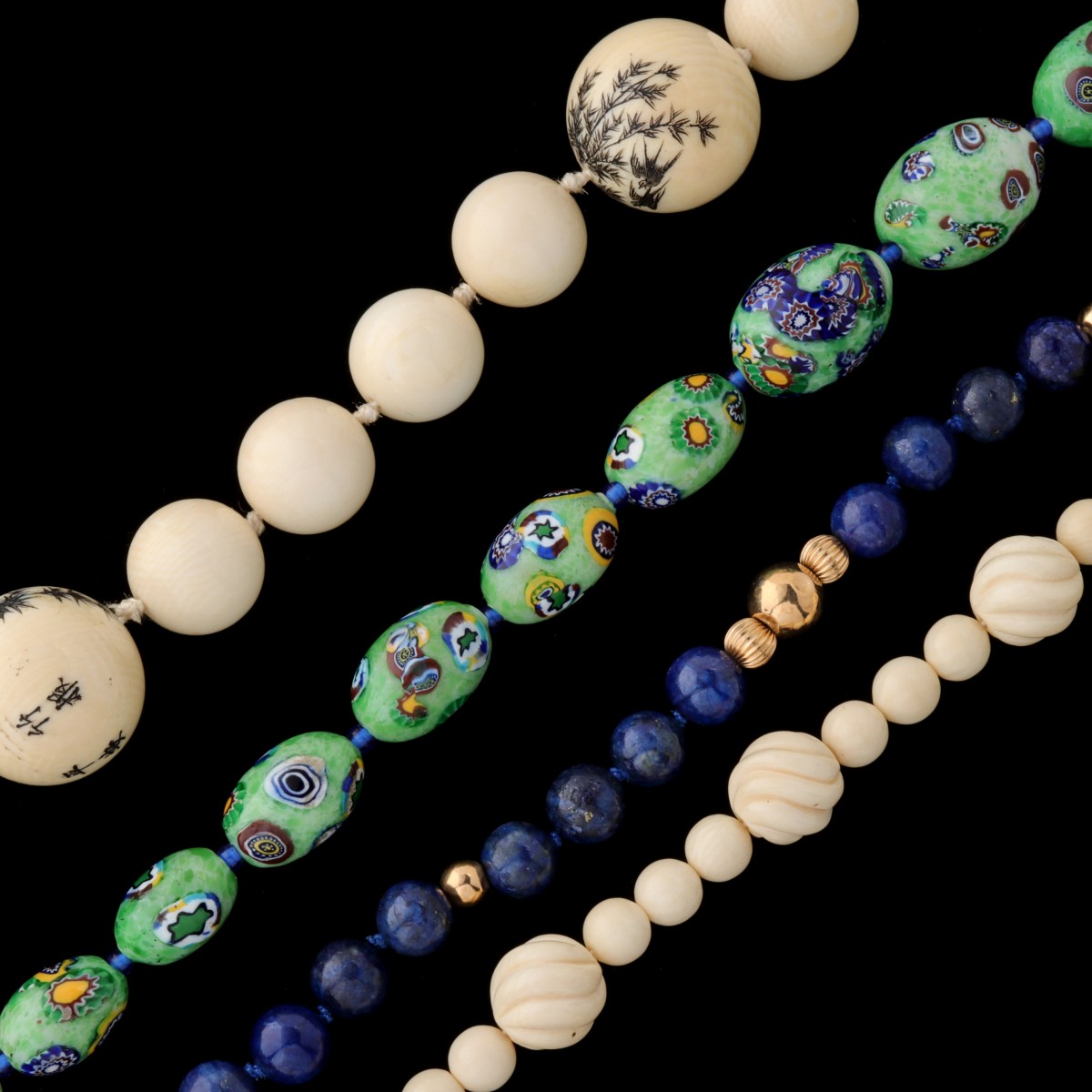 MURANO, SCRIMMED, CARVED AND LAPIS BEAD STRANDS