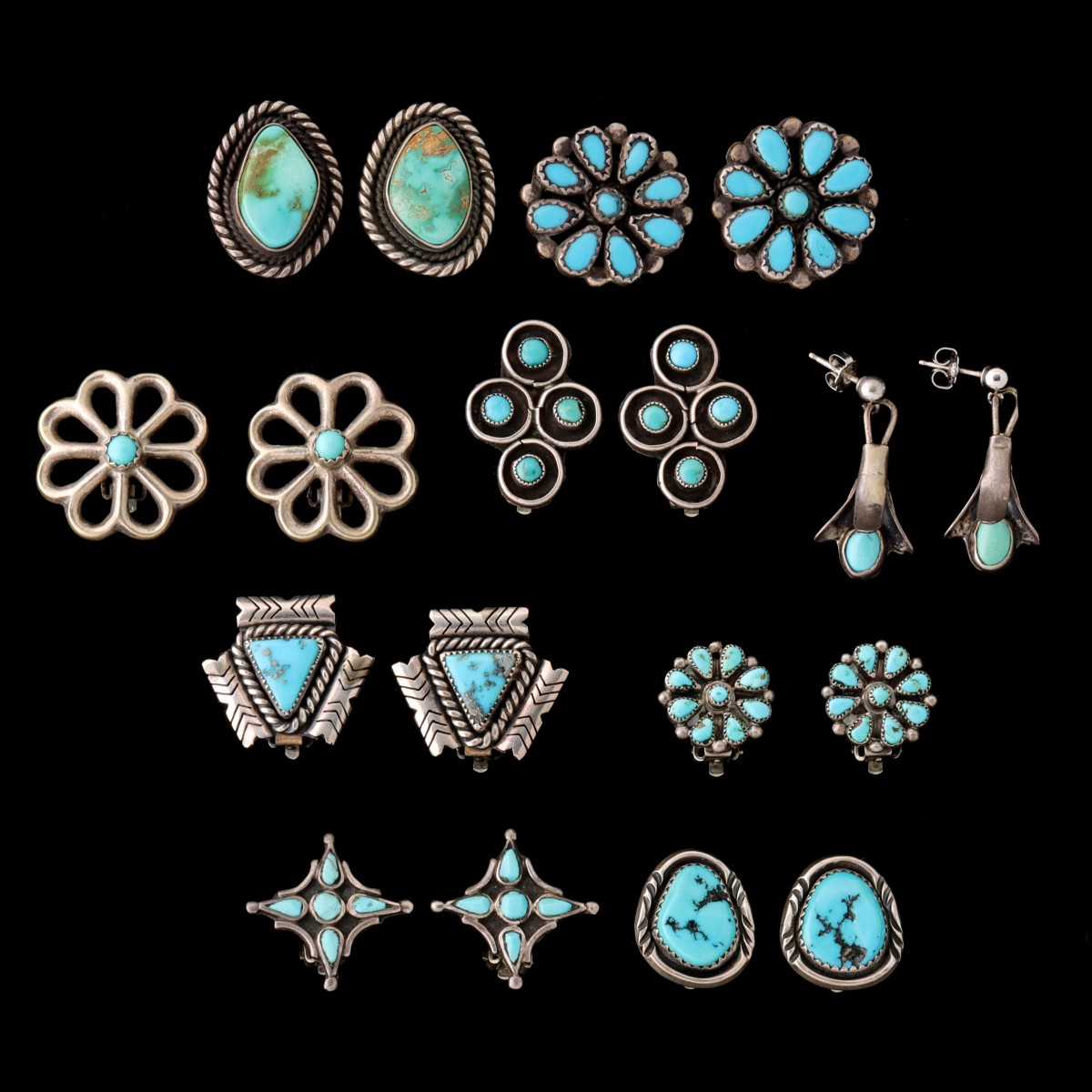 NINE PAIR NATIVE AMERICAN STERLING & TURQUOISE EARRINGS