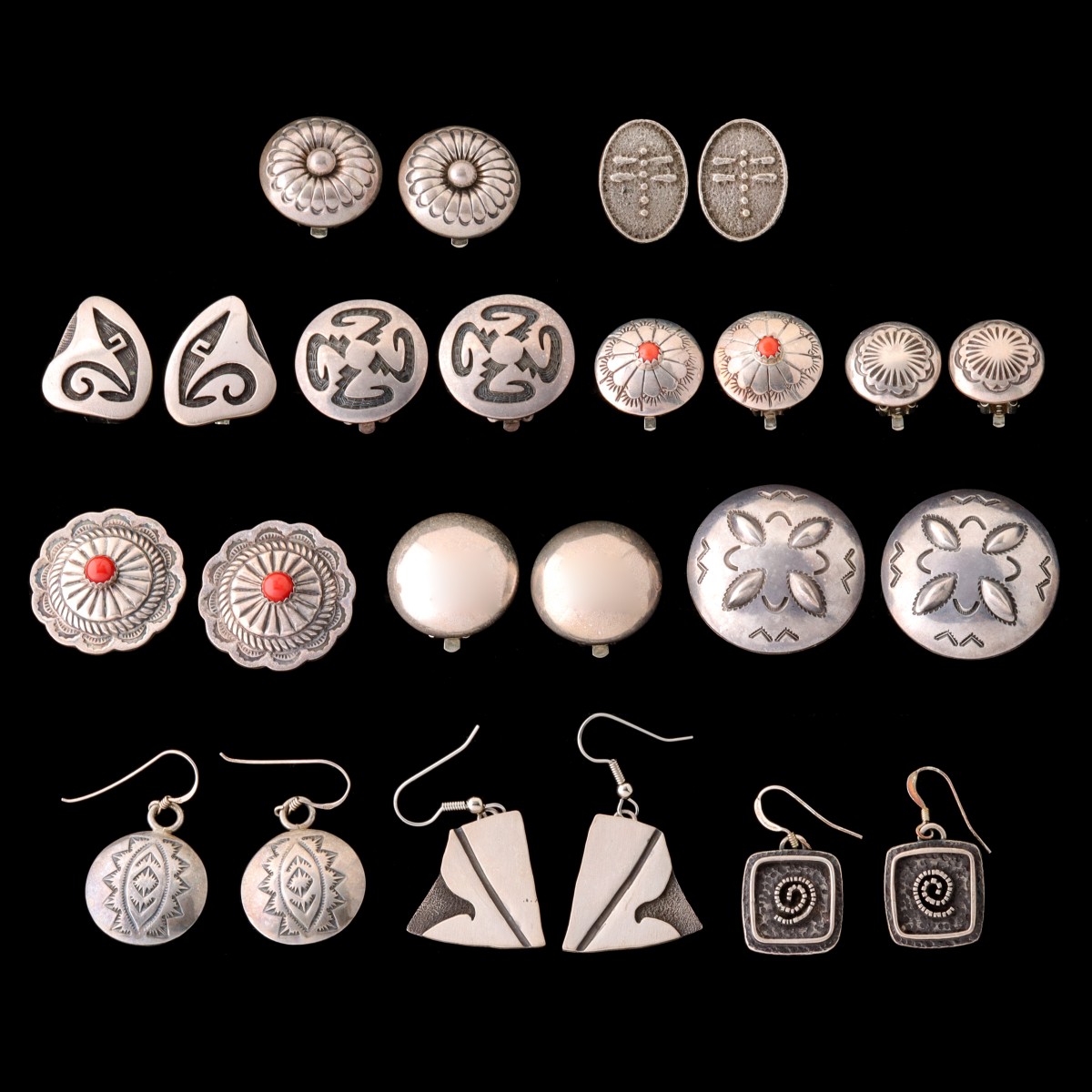 TWELVE PAIR STERLING SILVER NATIVE AMERICAN EARRINGS