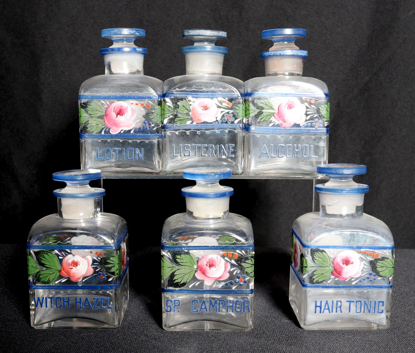 A VINTAGE PAINTED CZECH GLASS VANITY SET, UNMARKED