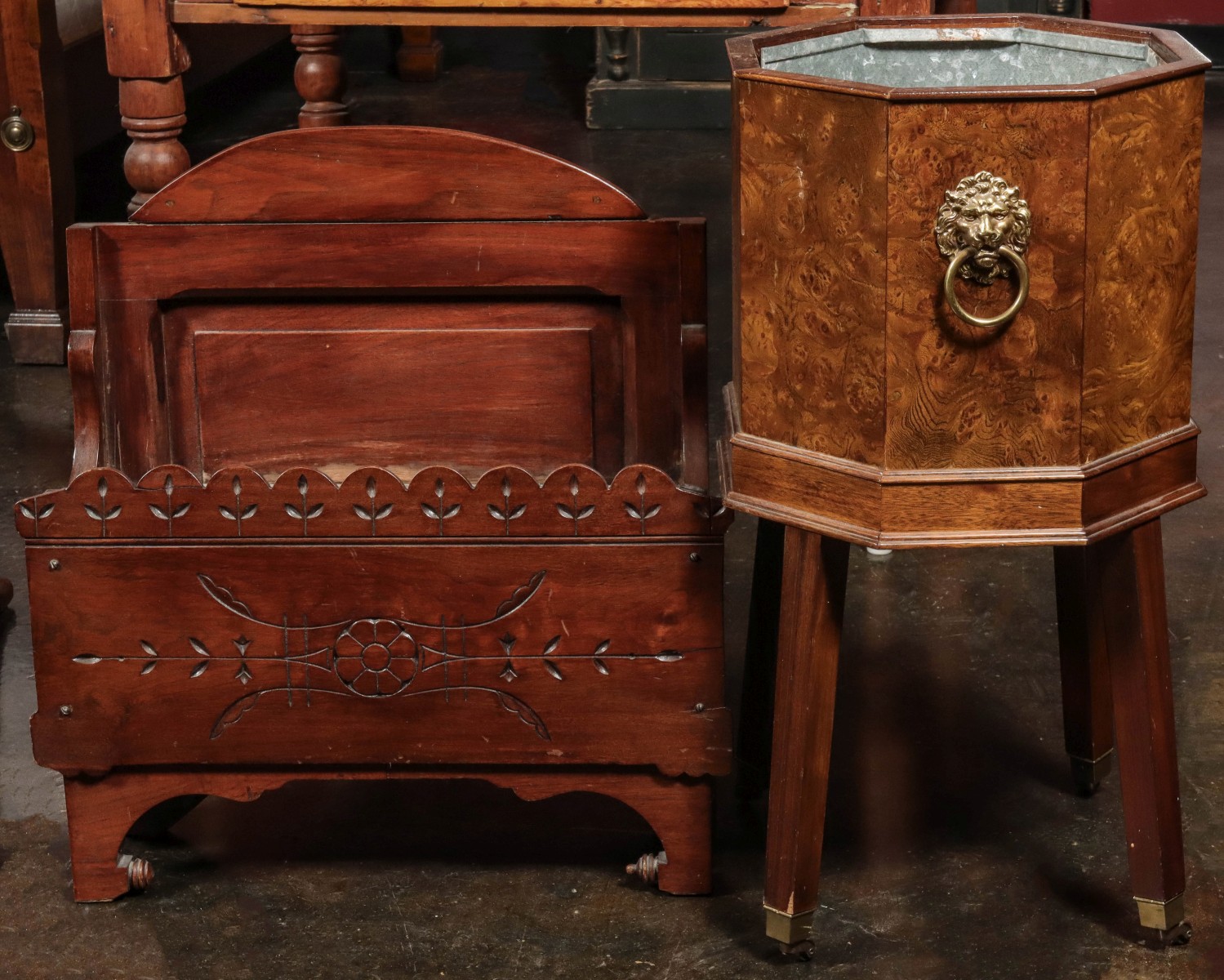 WALNUT AND BURR VENEER JARDINIERE PLANTERS