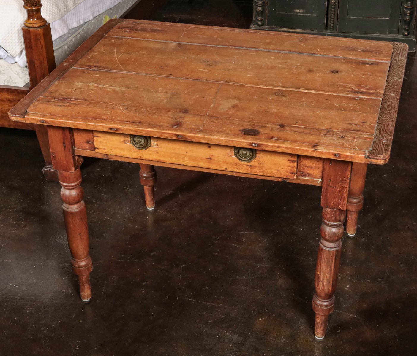 AN ANTIQUE PINE ONE DRAWER WORK TABLE