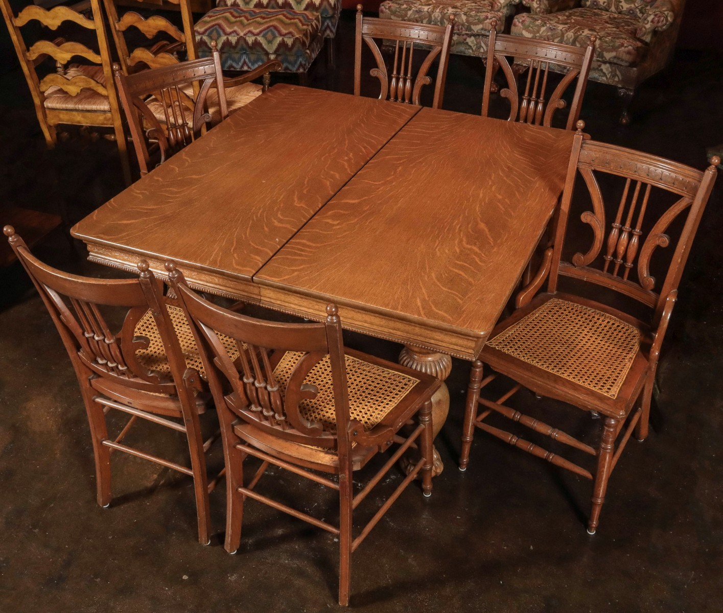 ANTIQUE SQUARE OAK TABLE WITH SIX WALNUT CHAIRS