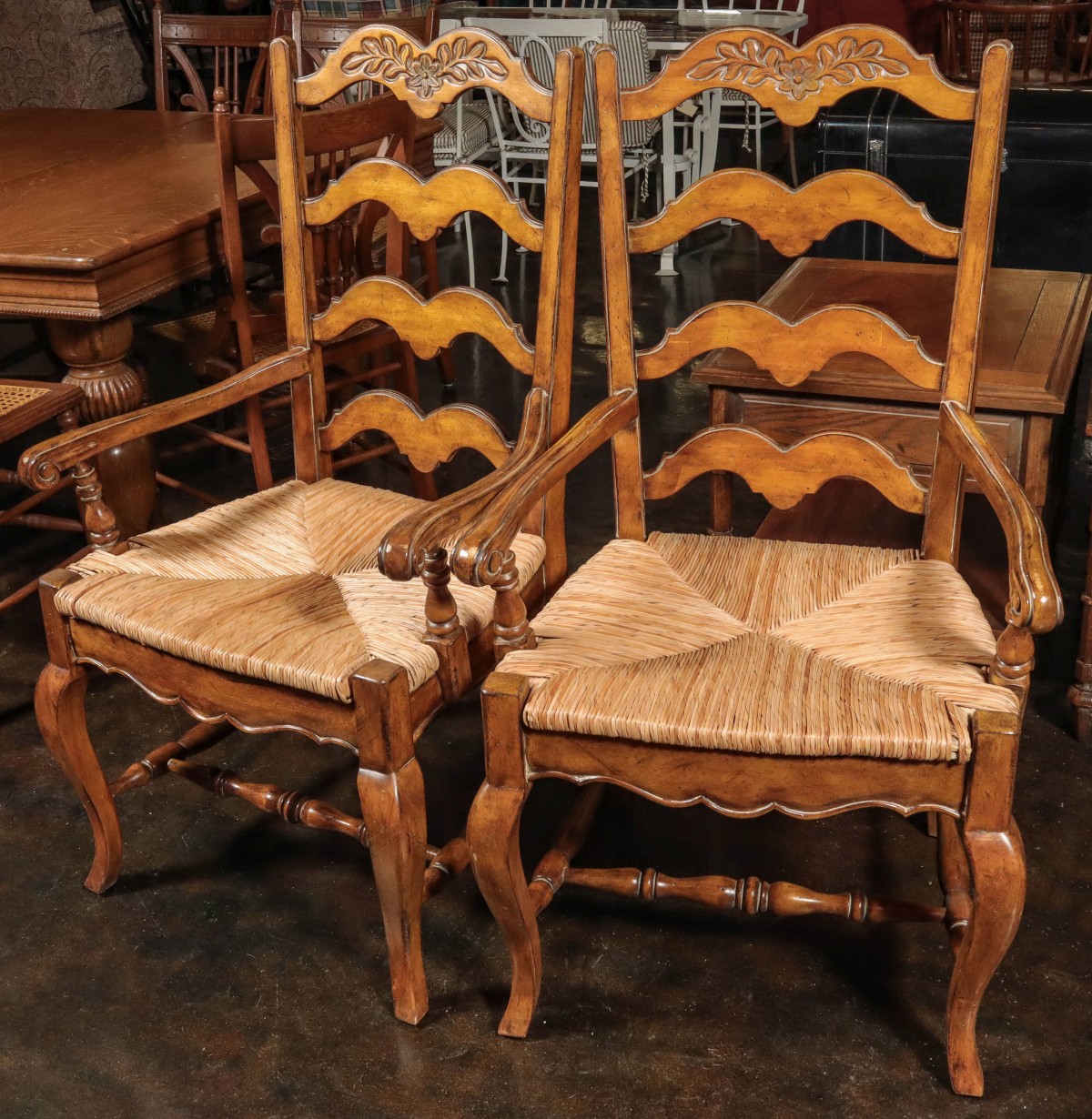 LOUIS XV INFLUENCE COUNTRY FRENCH ARM CHAIRS WITH RUSH