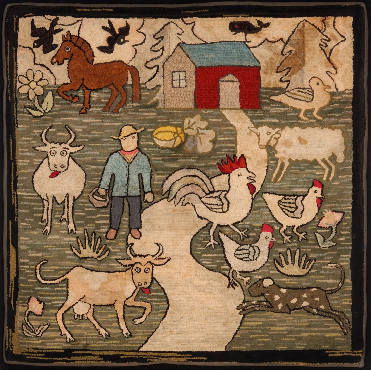 A CLASSIC 1930s AMERICAN PICTORIAL FOLK ART HOOKED RUG