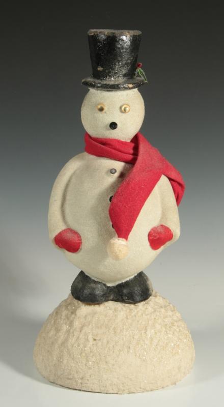 A VINTAGE FLOCKED SNOW MAN HOLIDAY FIGURE