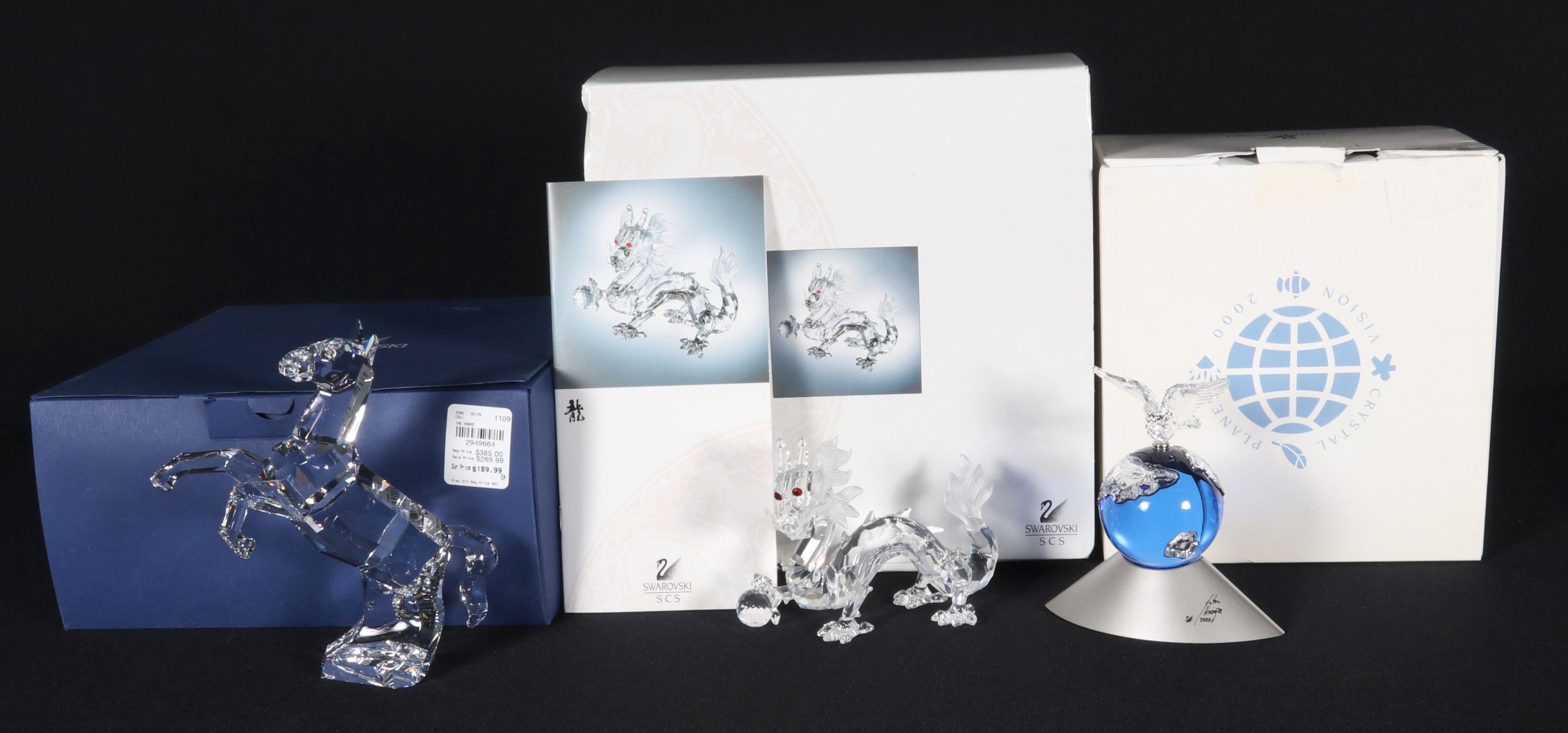 SWAROVSKI SCS DRAGON, HORSE, CRYSTAL PLANET WITH BOXES