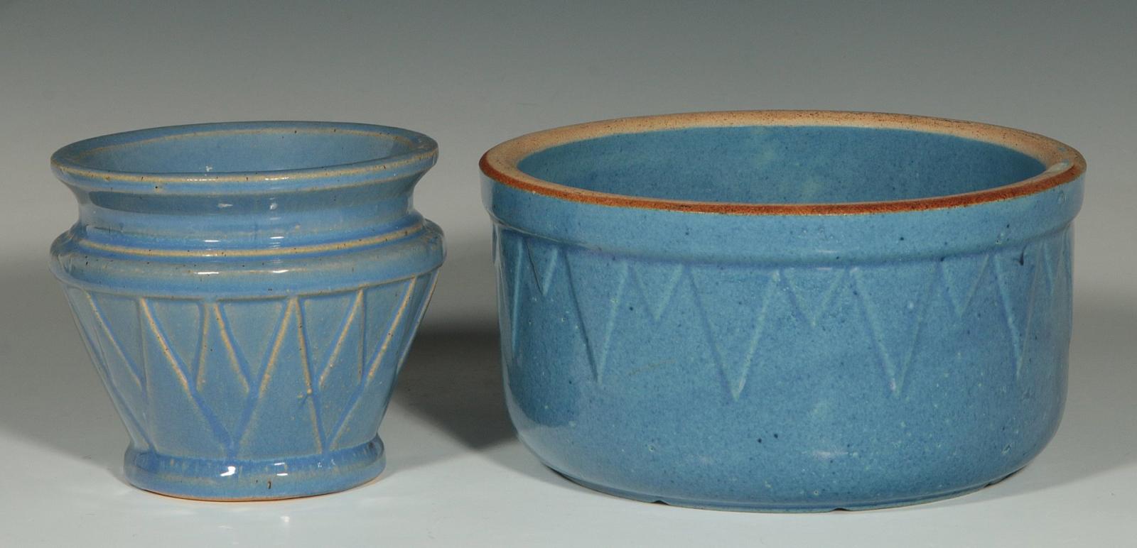 TWO BLUE GLAZE STONEWARE PIECES WITH GEOMETRICS