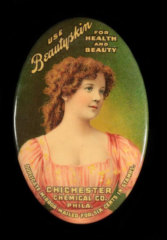 AN ANTIQUE 'BEAUTYSKIN' ADVERTISING POCKET MIRROR