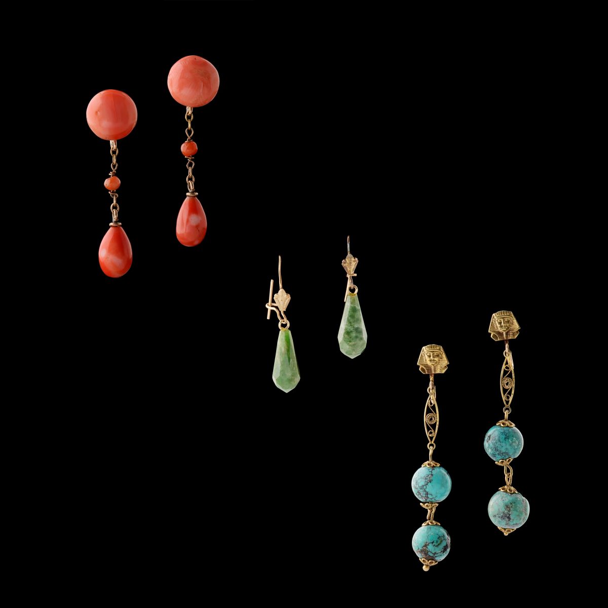 CORAL, TURQUOISE AND OTHER SEMIPRECIOUS EARRING PAIRS