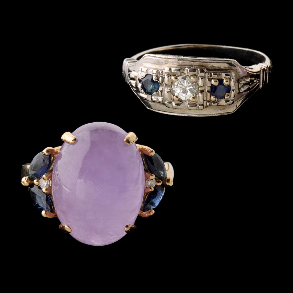 TWO 14K GOLD RINGS WITH DIAMONDS & SEMI-PRECIOUS STONES